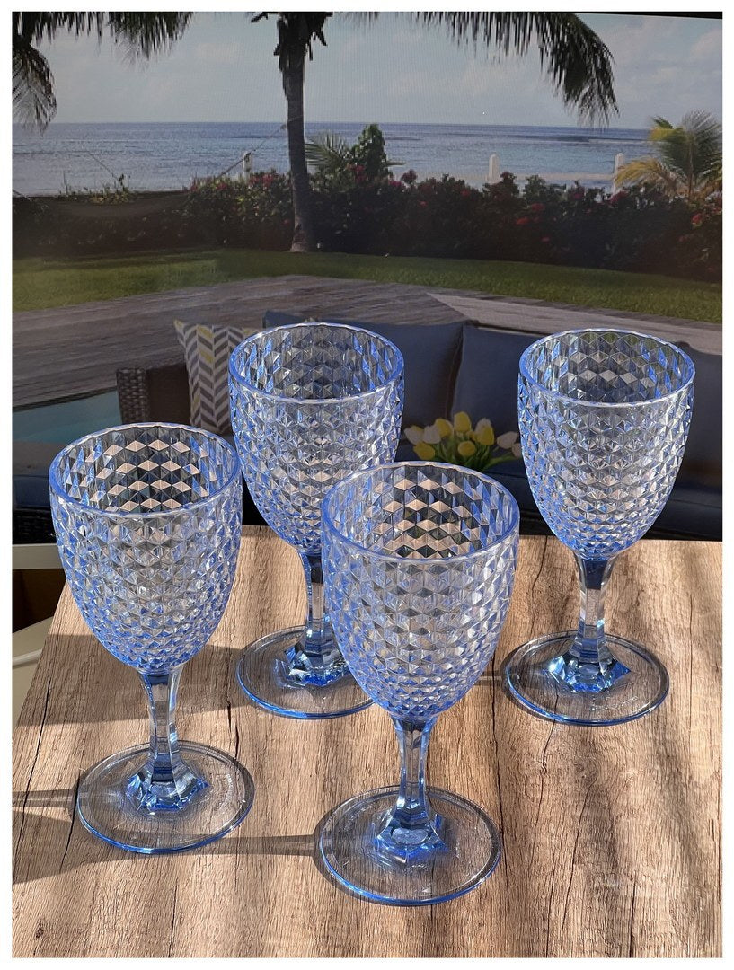 Diamond Cut Plastic Wine Glasses Set Of 4 12Oz , Bpa Free Acrylic Wine Glass Set, Unbreakable Red Wine Glasses, White Wine Glasses Blue Acrylic