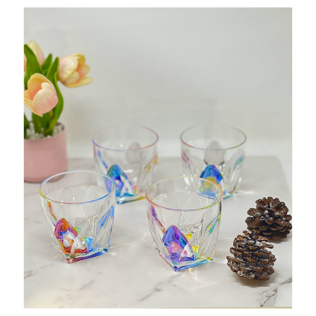 Rainbow Diamond Acrylic Glasses Drinking Set Of 4 Dof 9Oz , Plastic Drinking Glasses, Bpa Free Cocktail Glasses, Drinkware Set, Drinking Water Glasses Clear Acrylic