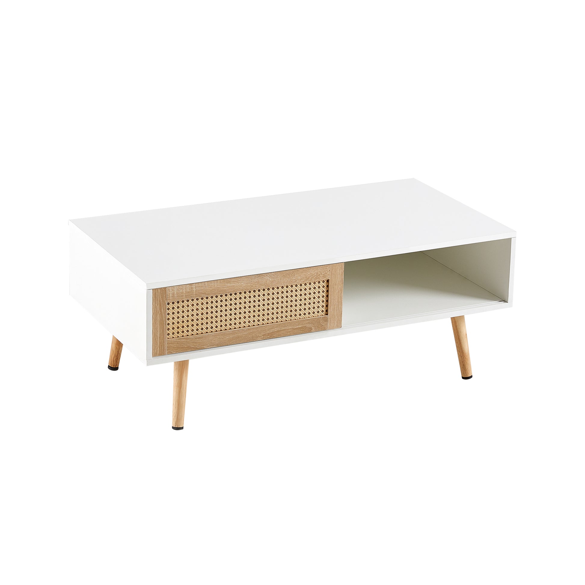 41.34" Rattan Coffee Table, Sliding Door For Storage, Solid Wood Legs, Modern Table For Living Room ,White White Solid Wood Mdf