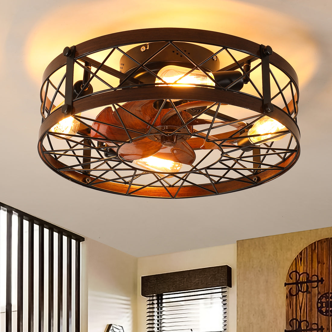 Caged Ceiling Fans With Lights Black, 20 Inch Flush Mount Ceiling Fan Light, Farmhouse Small Ceiling Fan With Light Fixture, Reversible Fan For Bedroom, Office, Kitchen E26 Bulbs Included Black Abs Iron