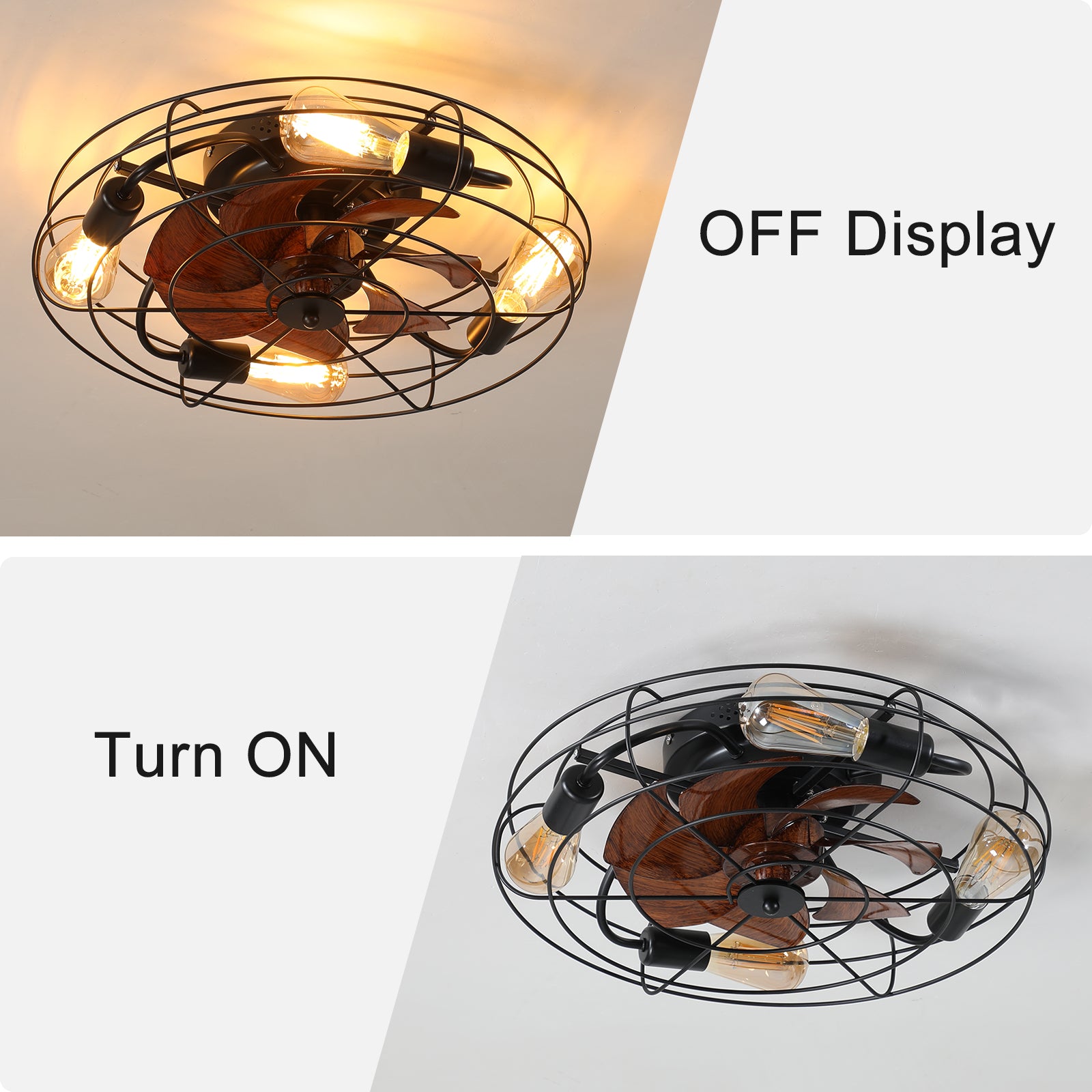 Caged Ceiling Fan With Light, 20'' Farmhouse Low Profile Ceiling Fan Lights With Remote Control, Modern Enclosed 4X E26 Bulb Ceiling Fans With Reversible Motor Living Room Bedroom Kitchen, Black Black Abs Iron