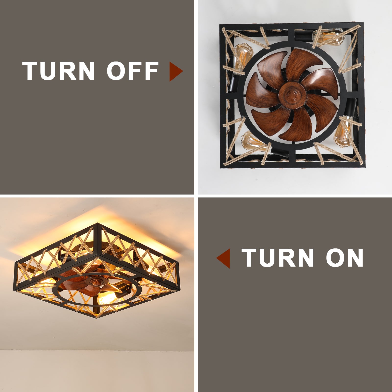Farmhouse Rustic Ceiling Fan And Remote Control,Square Caged Industrial Ceiling Fixture With 6 Speeds & Noiseless Dc Motor For Kitchen Dining Room Living Room Bedroom Black Abs Iron