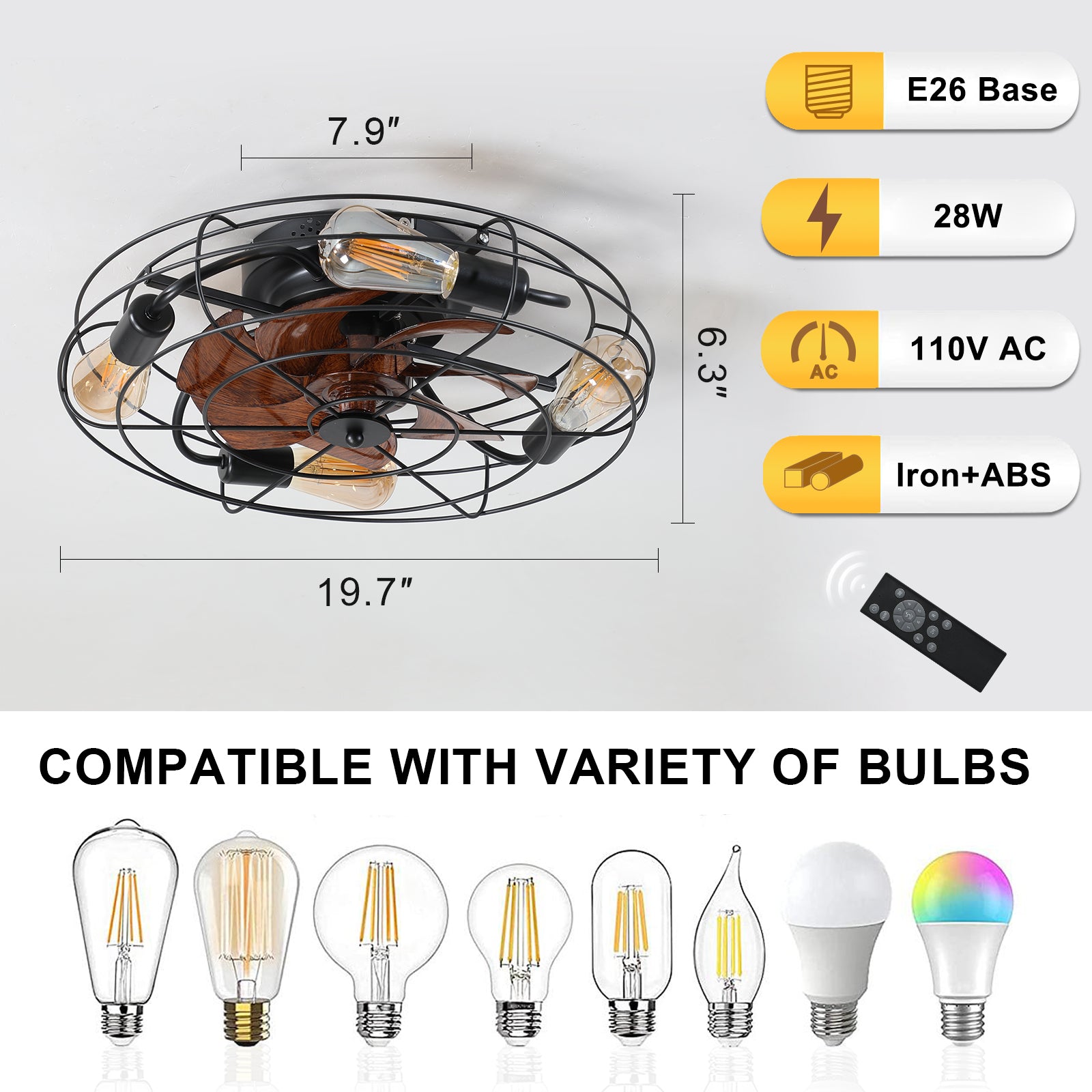 Caged Ceiling Fan With Light, 20'' Farmhouse Low Profile Ceiling Fan Lights With Remote Control, Modern Enclosed 4X E26 Bulb Ceiling Fans With Reversible Motor Living Room Bedroom Kitchen, Black Black Abs Iron