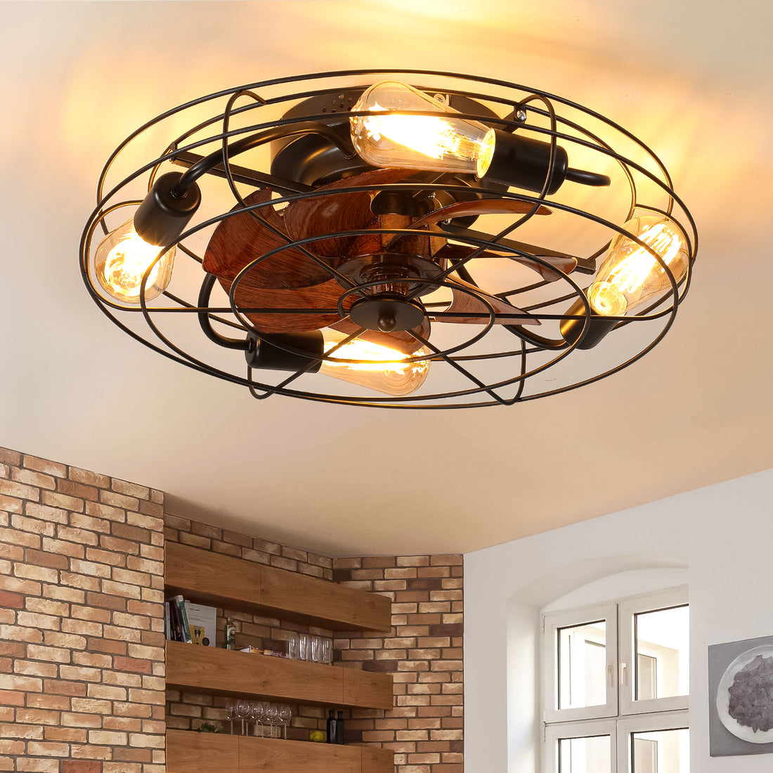 Caged Ceiling Fan With Light, 20'' Farmhouse Low Profile Ceiling Fan Lights With Remote Control, Modern Enclosed 4X E26 Bulb Ceiling Fans With Reversible Motor Living Room Bedroom Kitchen, Black Black Abs Iron