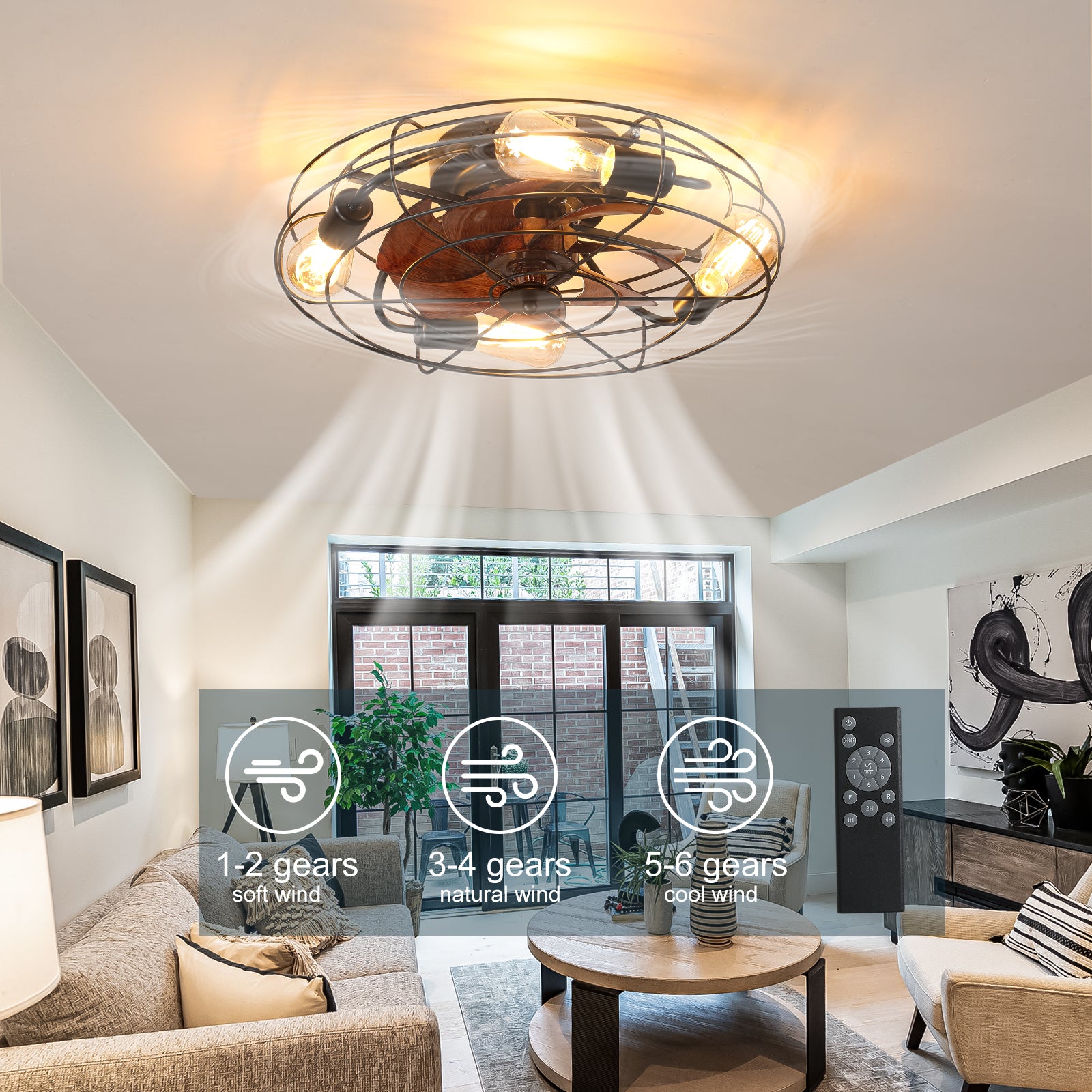 Caged Ceiling Fan With Light, 20'' Farmhouse Low Profile Ceiling Fan Lights With Remote Control, Modern Enclosed 4X E26 Bulb Ceiling Fans With Reversible Motor Living Room Bedroom Kitchen, Black Black Abs Iron