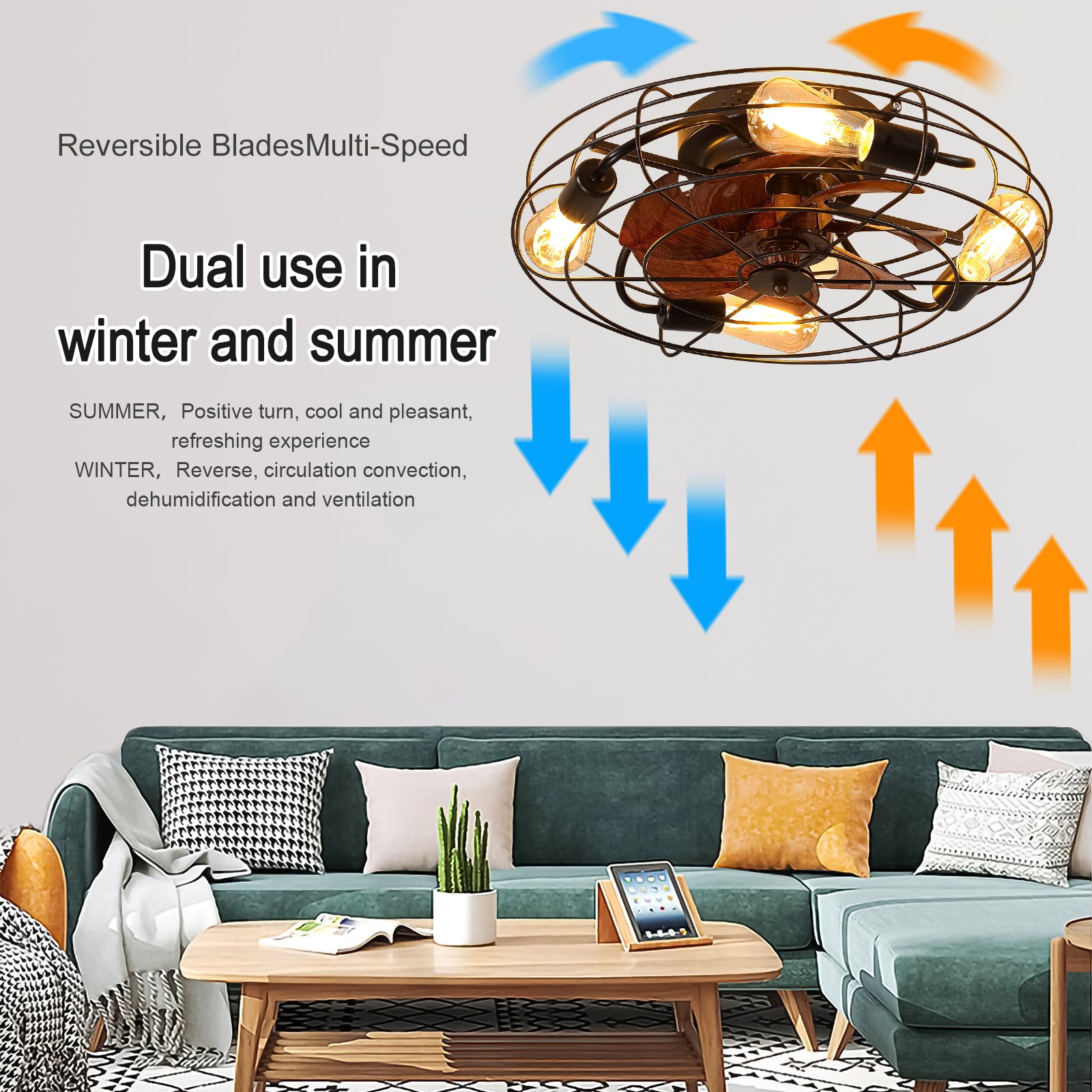 Caged Ceiling Fan With Light, 20'' Farmhouse Low Profile Ceiling Fan Lights With Remote Control, Modern Enclosed 4X E26 Bulb Ceiling Fans With Reversible Motor Living Room Bedroom Kitchen, Black Black Abs Iron