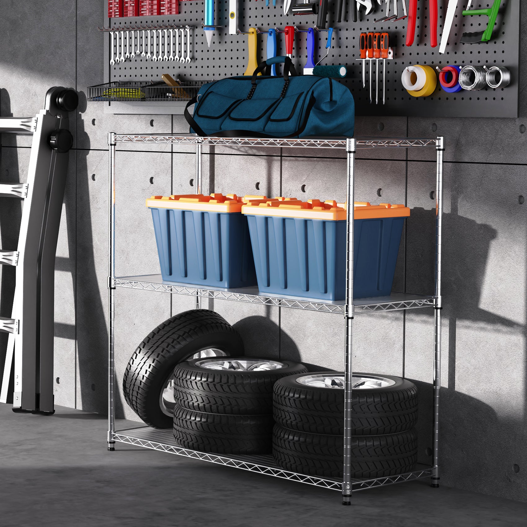 3 Tier Wire Shelving Unit, 1050 Lbs Nsf Height Adjustable Metal Garage Storage Shelves, Heavy Duty Storage Wire Rack Metal Shelves Chrome Chrome Iron Plastic