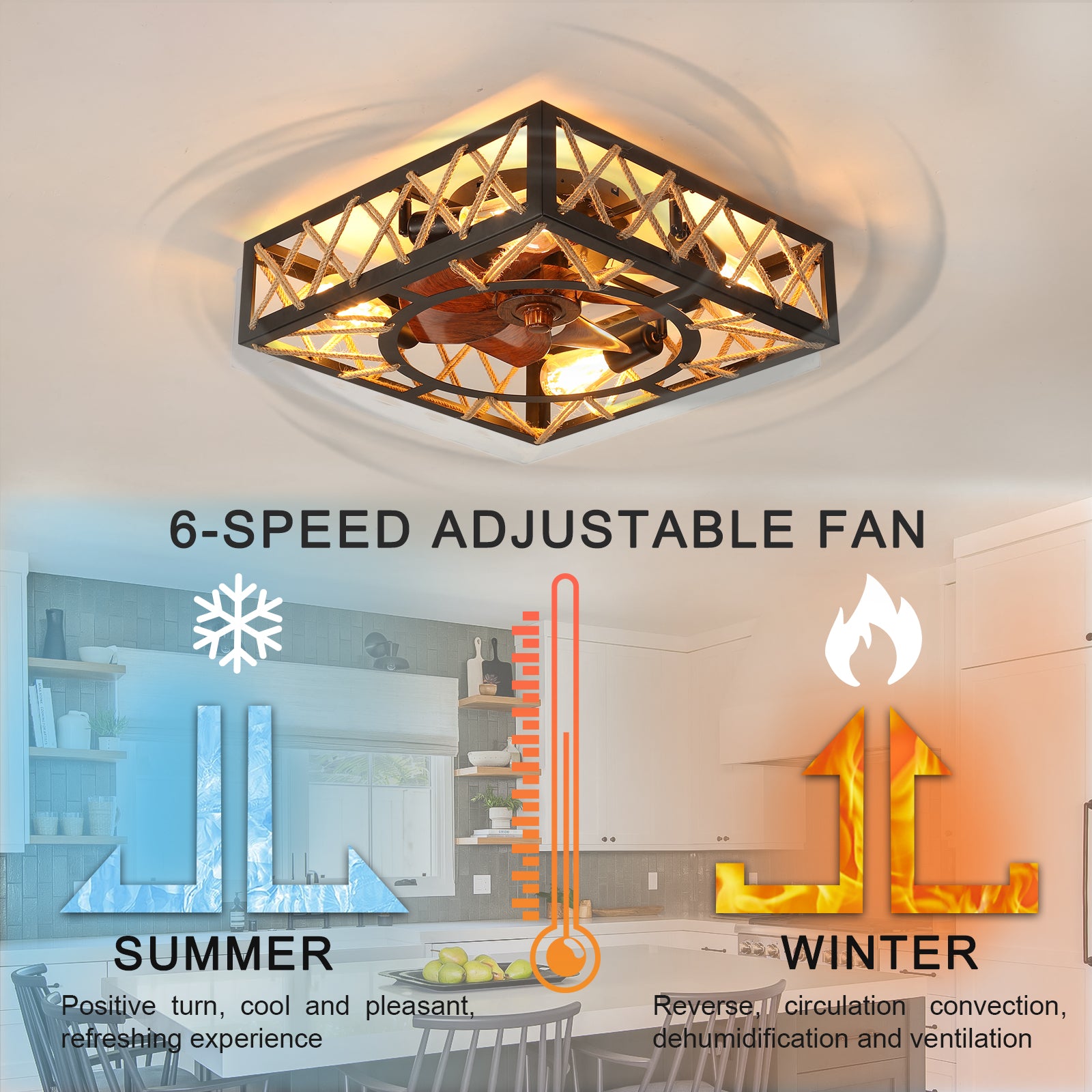 Farmhouse Rustic Ceiling Fan And Remote Control,Square Caged Industrial Ceiling Fixture With 6 Speeds & Noiseless Dc Motor For Kitchen Dining Room Living Room Bedroom Black Abs Iron