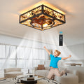 Farmhouse Rustic Ceiling Fan And Remote Control,Square Caged Industrial Ceiling Fixture With 6 Speeds & Noiseless Dc Motor For Kitchen Dining Room Living Room Bedroom Black Abs Iron