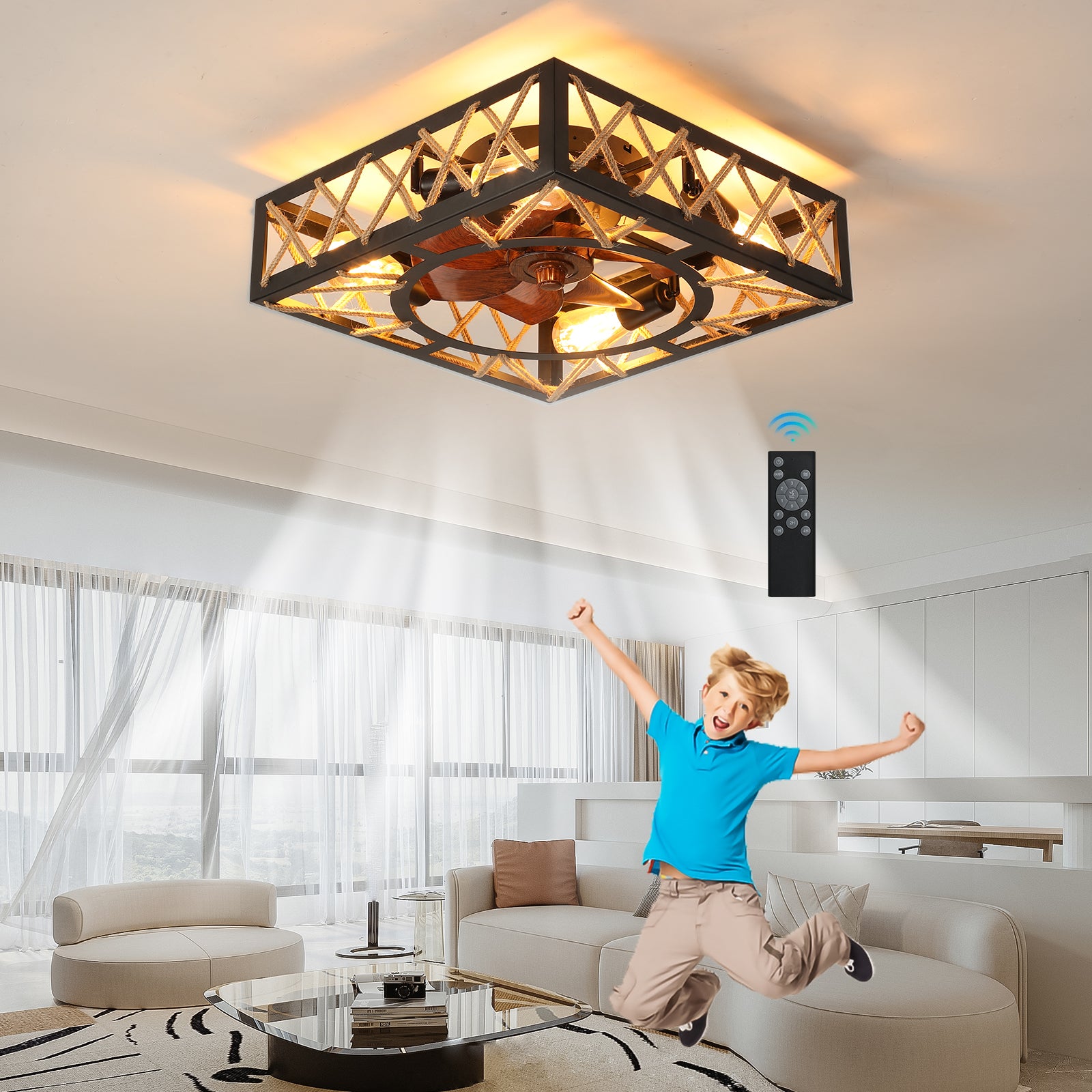 Farmhouse Rustic Ceiling Fan And Remote Control,Square Caged Industrial Ceiling Fixture With 6 Speeds & Noiseless Dc Motor For Kitchen Dining Room Living Room Bedroom Black Abs Iron