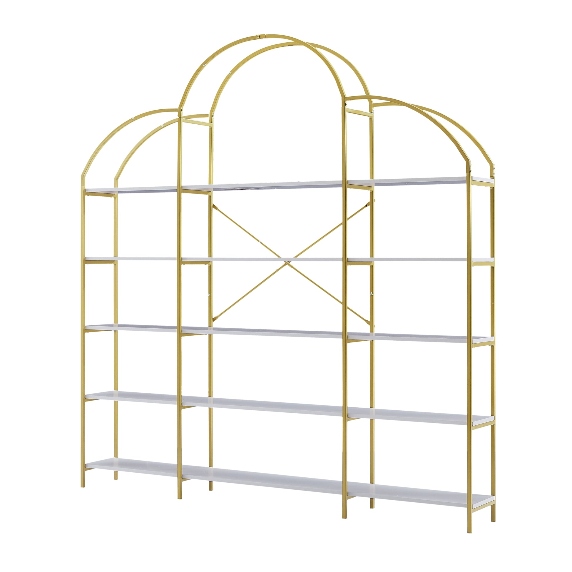 74.8 Inch 5 Tiers Office Bookcase Bookshelf, Display Shelf With Round Top, X Bar Gold Frame Golden White Mdf Steel