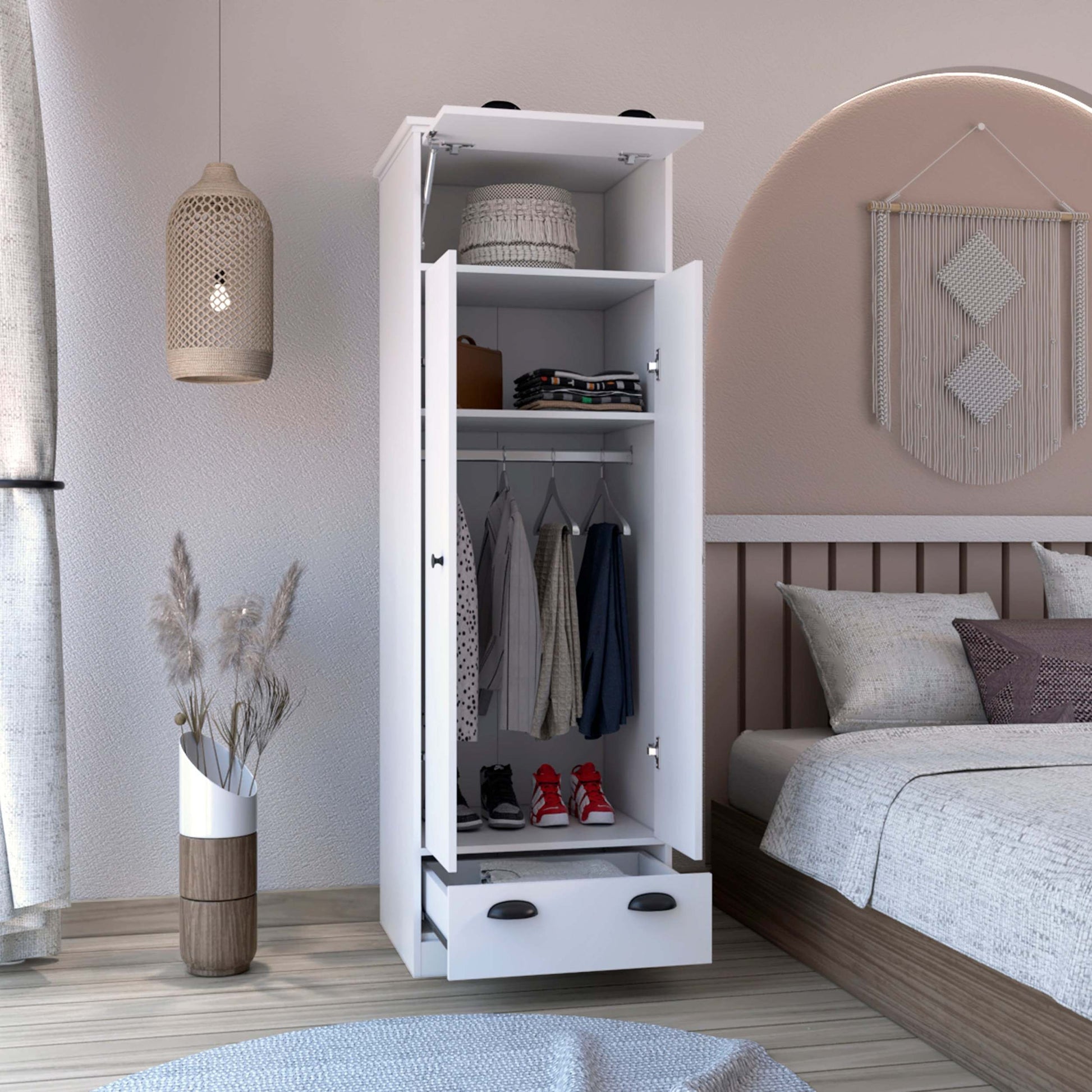 White Dresser Closet With Upper Storage Covered With 1 Door, This Wardrobe Also Has 2 Central Shelves And 1 Tube For Hanging Clothes Covered By 2 Doors, And 1 Drawer At The Bottom. White Particle Board Particle Board