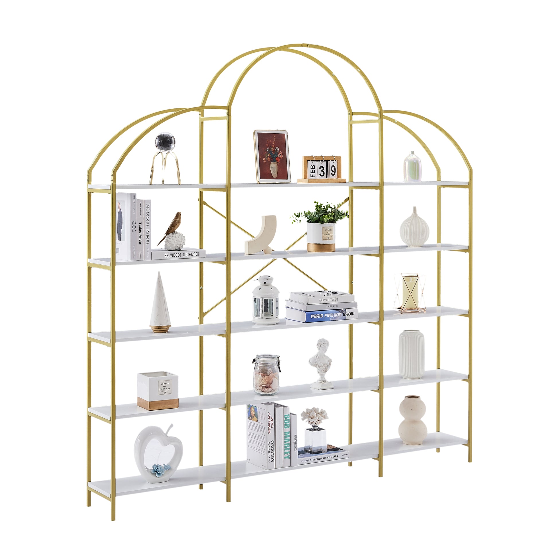 74.8 Inch 5 Tiers Office Bookcase Bookshelf, Display Shelf With Round Top, X Bar Gold Frame Golden White Mdf Steel