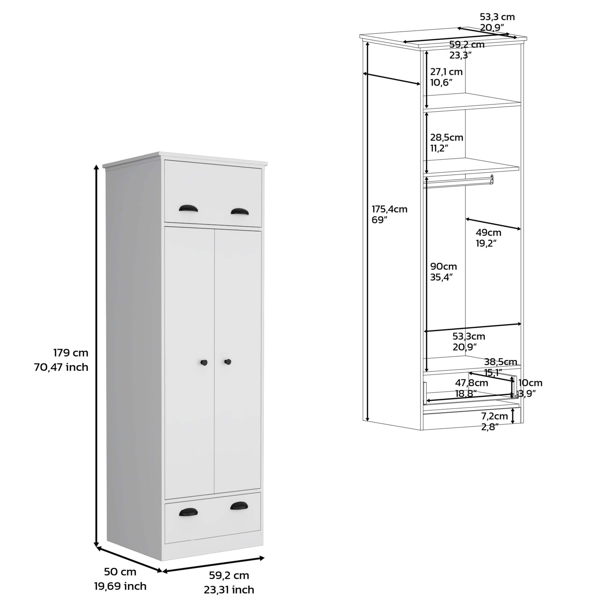 White Dresser Closet With Upper Storage Covered With 1 Door, This Wardrobe Also Has 2 Central Shelves And 1 Tube For Hanging Clothes Covered By 2 Doors, And 1 Drawer At The Bottom. White Particle Board Particle Board