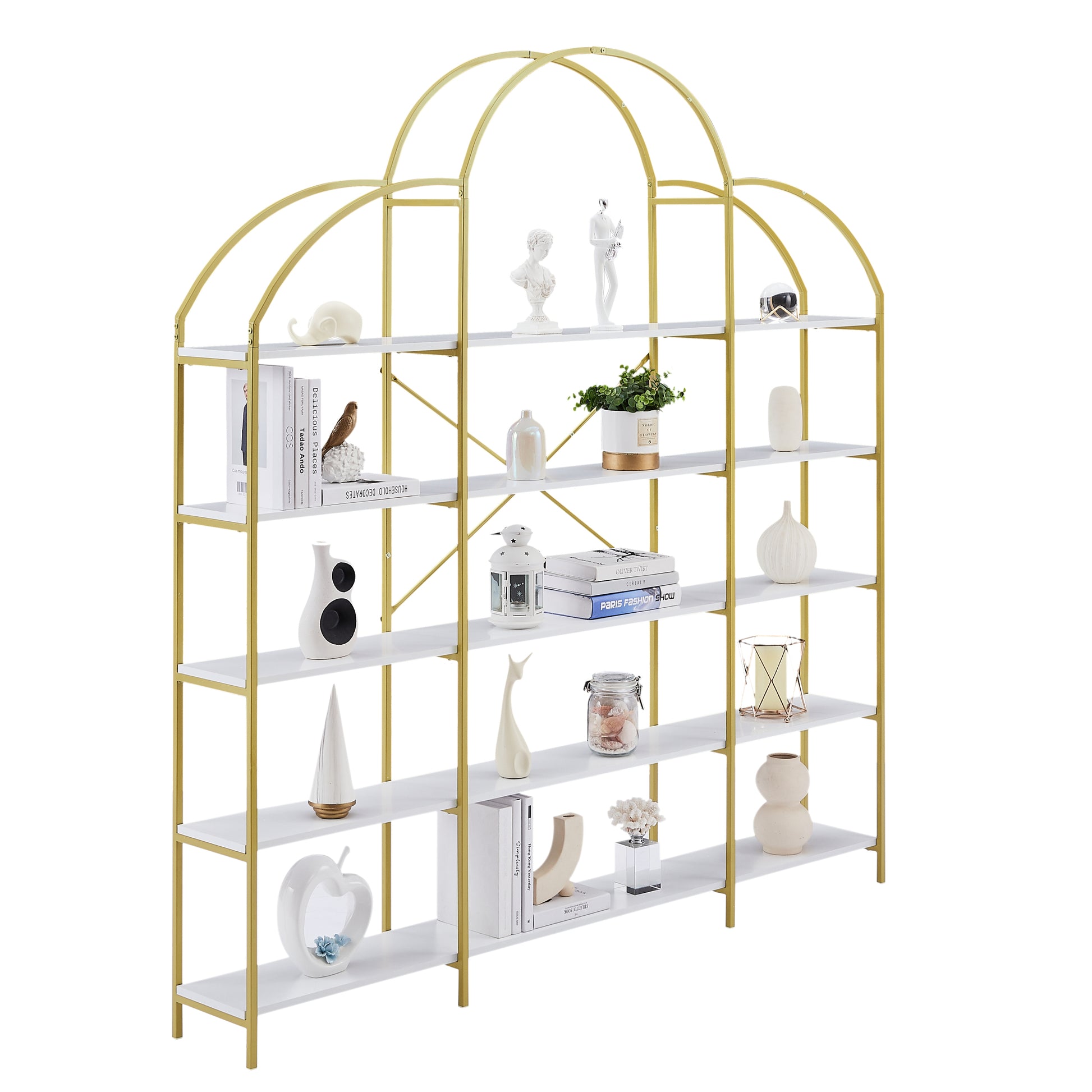 74.8 Inch 5 Tiers Office Bookcase Bookshelf, Display Shelf With Round Top, X Bar Gold Frame Golden White Mdf Steel