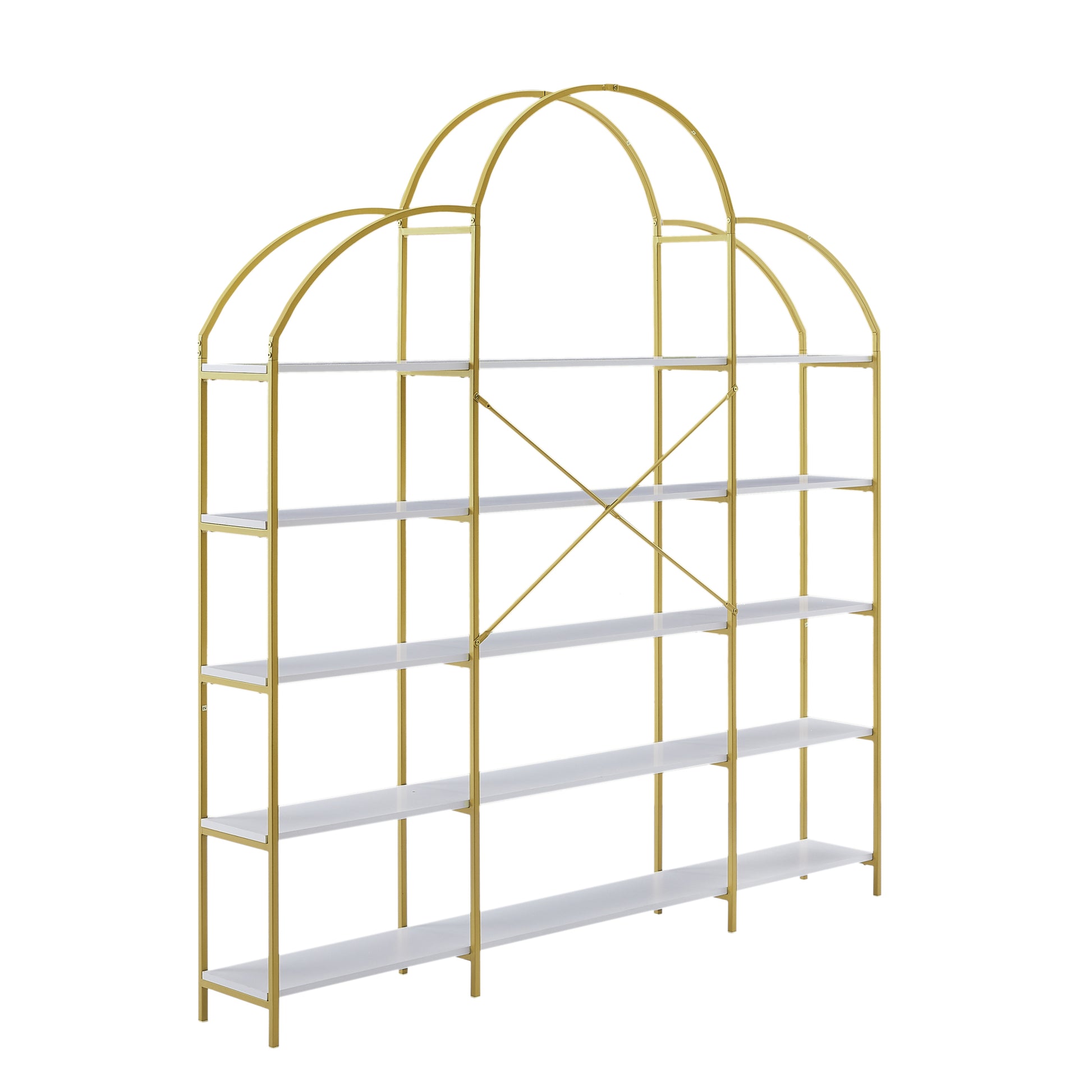 74.8 Inch 5 Tiers Office Bookcase Bookshelf, Display Shelf With Round Top, X Bar Gold Frame Golden White Mdf Steel