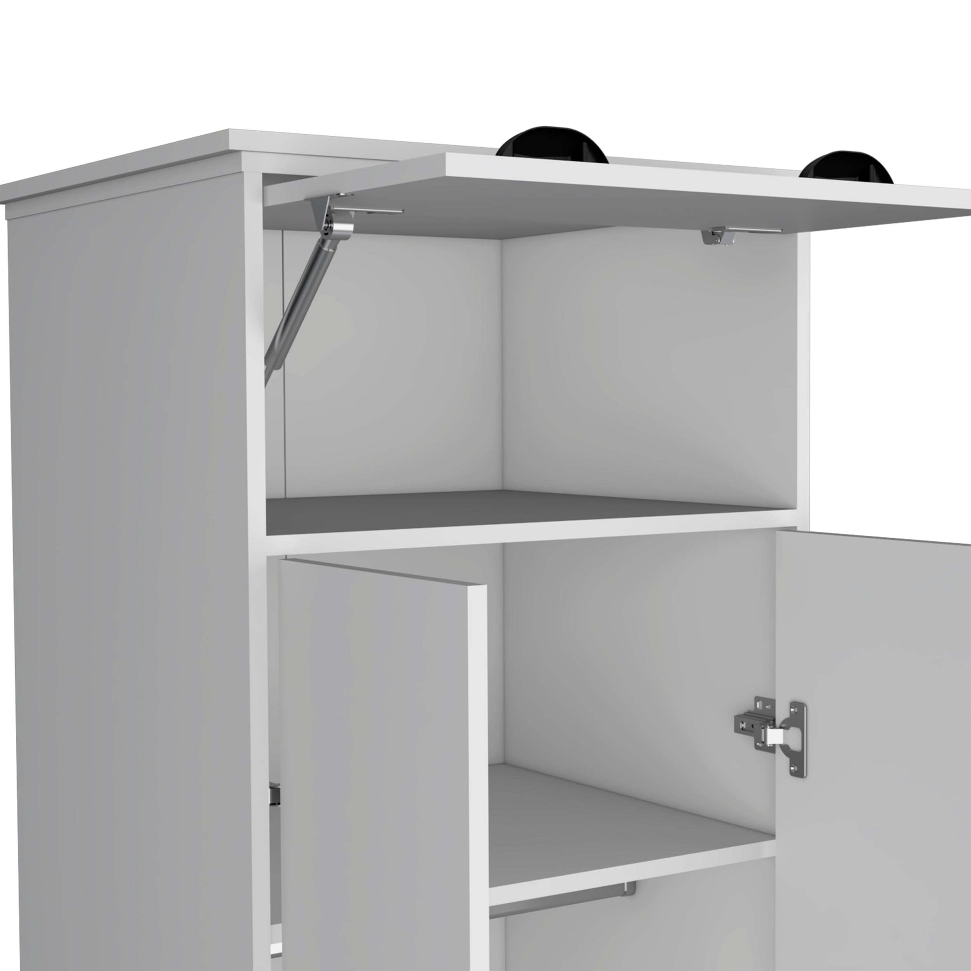 White Dresser Closet With Upper Storage Covered With 1 Door, This Wardrobe Also Has 2 Central Shelves And 1 Tube For Hanging Clothes Covered By 2 Doors, And 1 Drawer At The Bottom. White Particle Board Particle Board