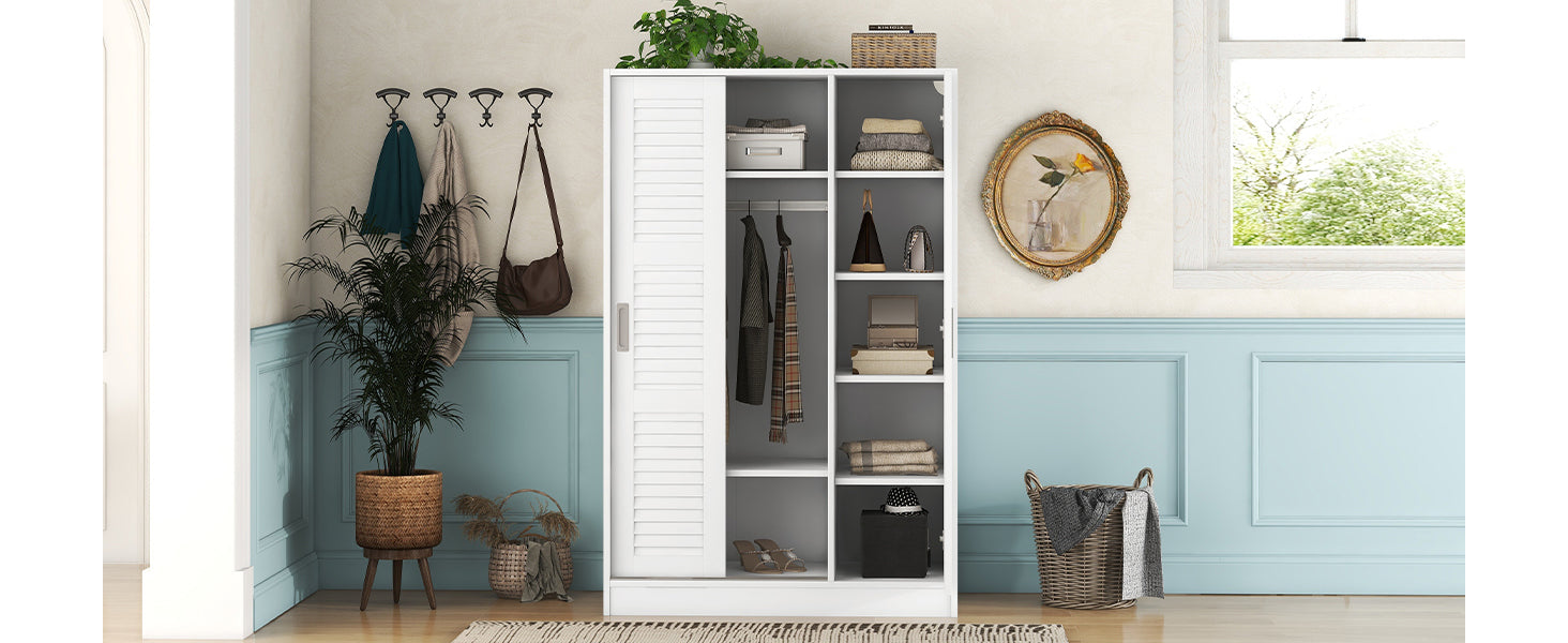3 Door Shutter Wardrobe With Shelves, White Sliding White White Shelf Bedroom Shelf Contemporary 3 Mdf