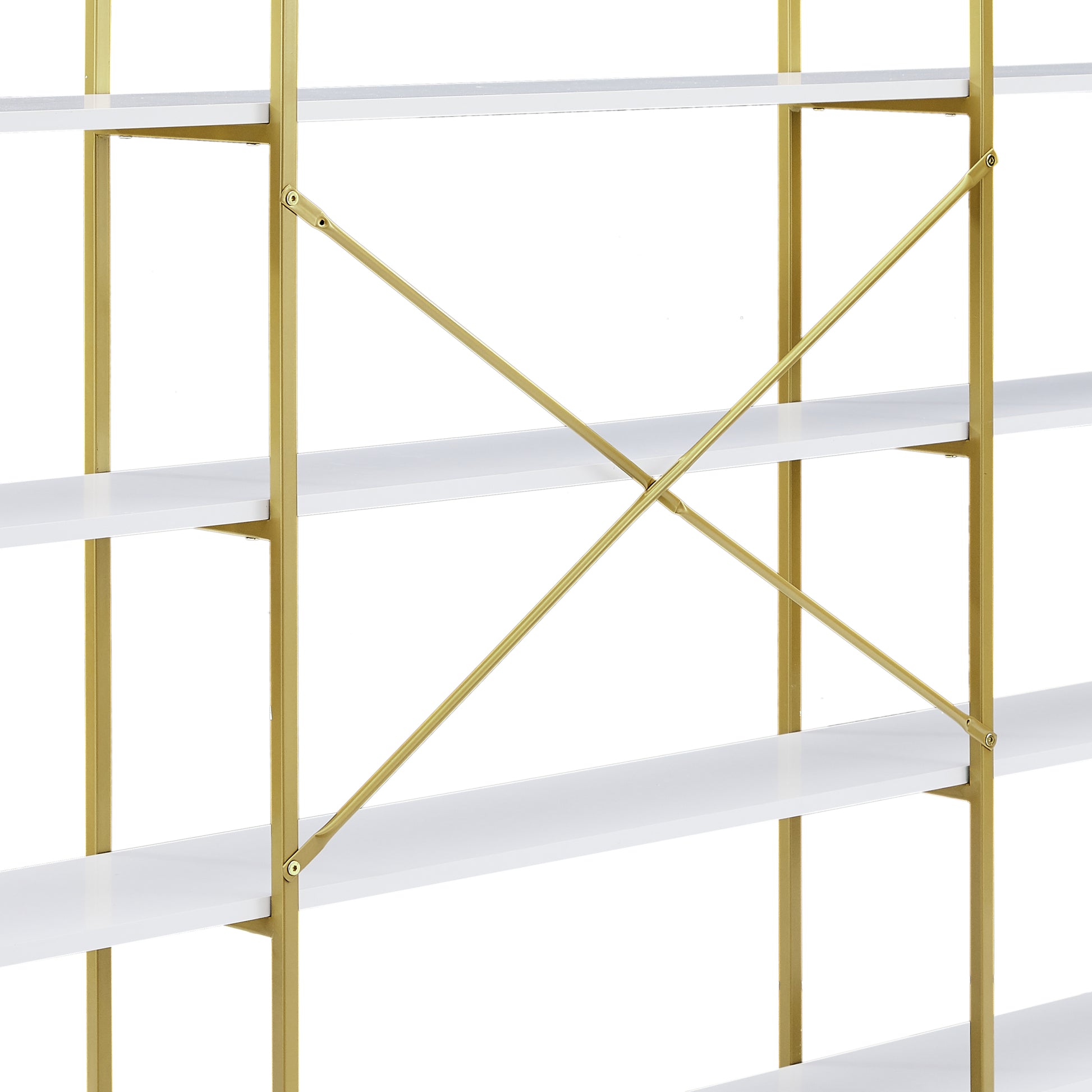 74.8 Inch 5 Tiers Office Bookcase Bookshelf, Display Shelf With Round Top, X Bar Gold Frame Golden White Mdf Steel