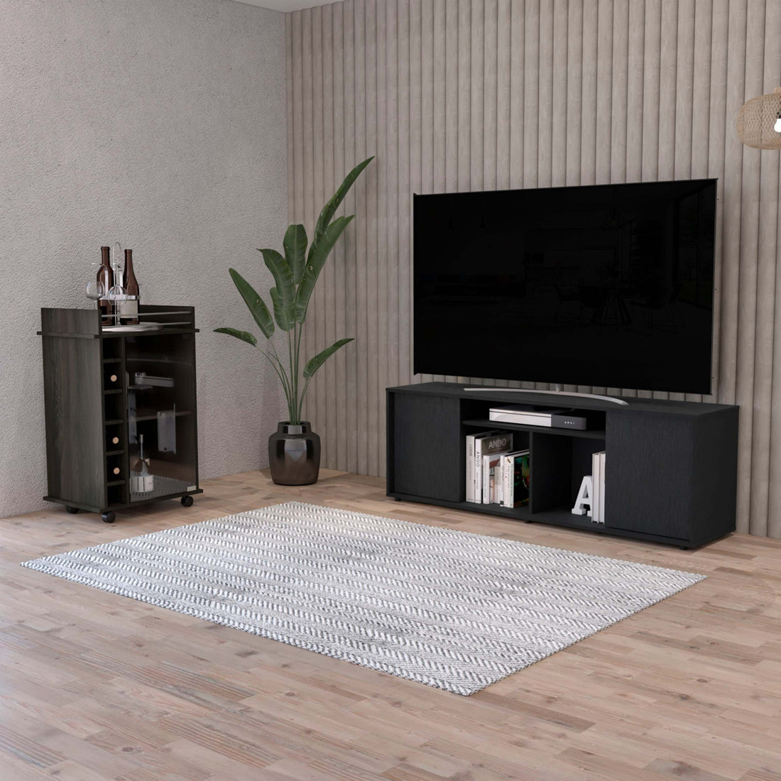 Harvey 2 Piece Living Room Set, Dallas Tv Stand Huali Bar Cart, Black Espresso, Black Espresso Black 70 79 Inches Particle Board Particle Board