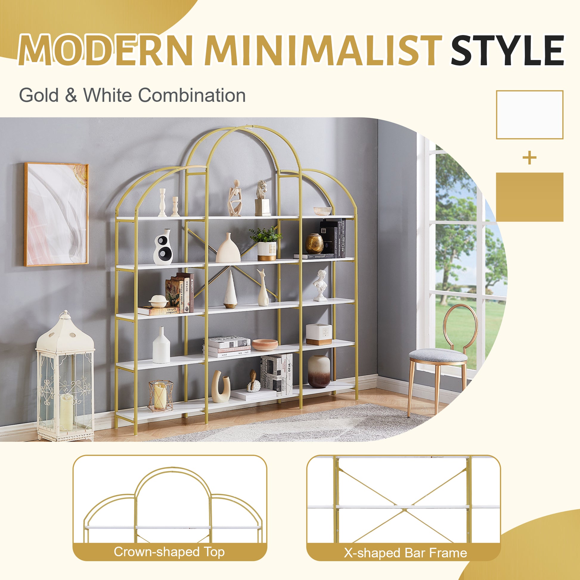 74.8 Inch 5 Tiers Office Bookcase Bookshelf, Display Shelf With Round Top, X Bar Gold Frame Golden White Mdf Steel