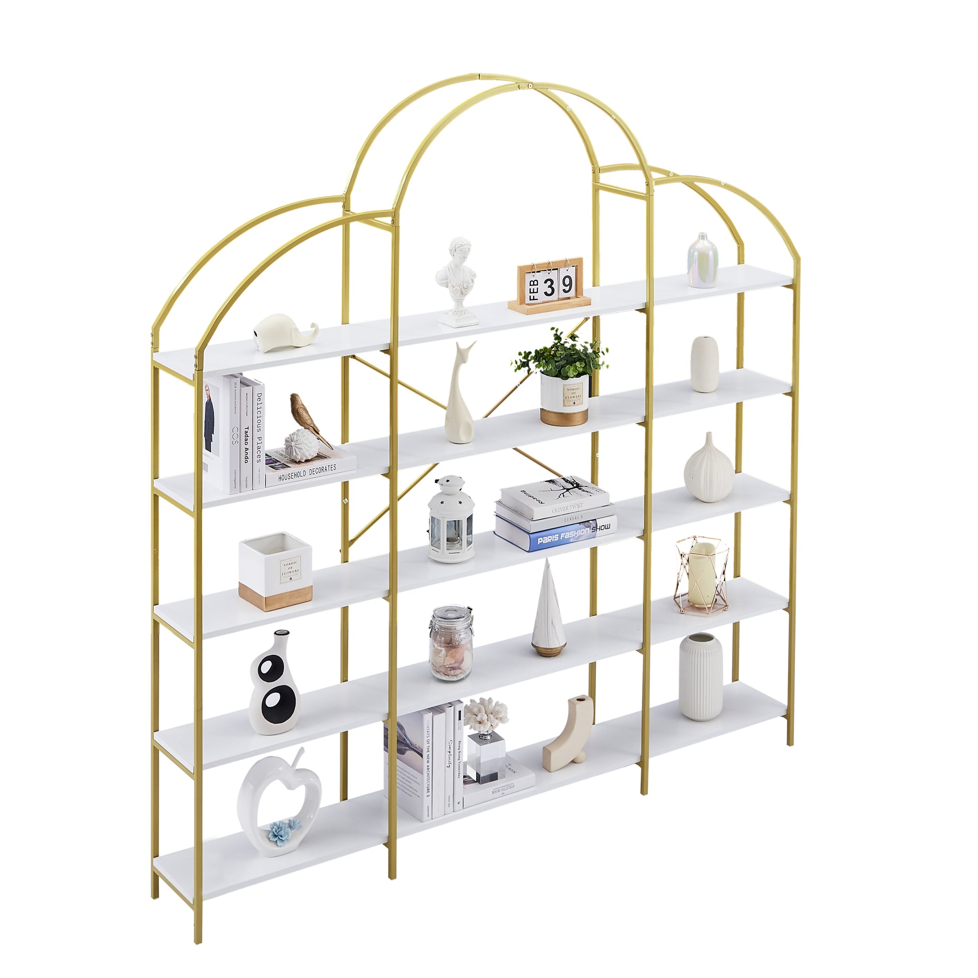 74.8 Inch 5 Tiers Office Bookcase Bookshelf, Display Shelf With Round Top, X Bar Gold Frame Golden White Mdf Steel