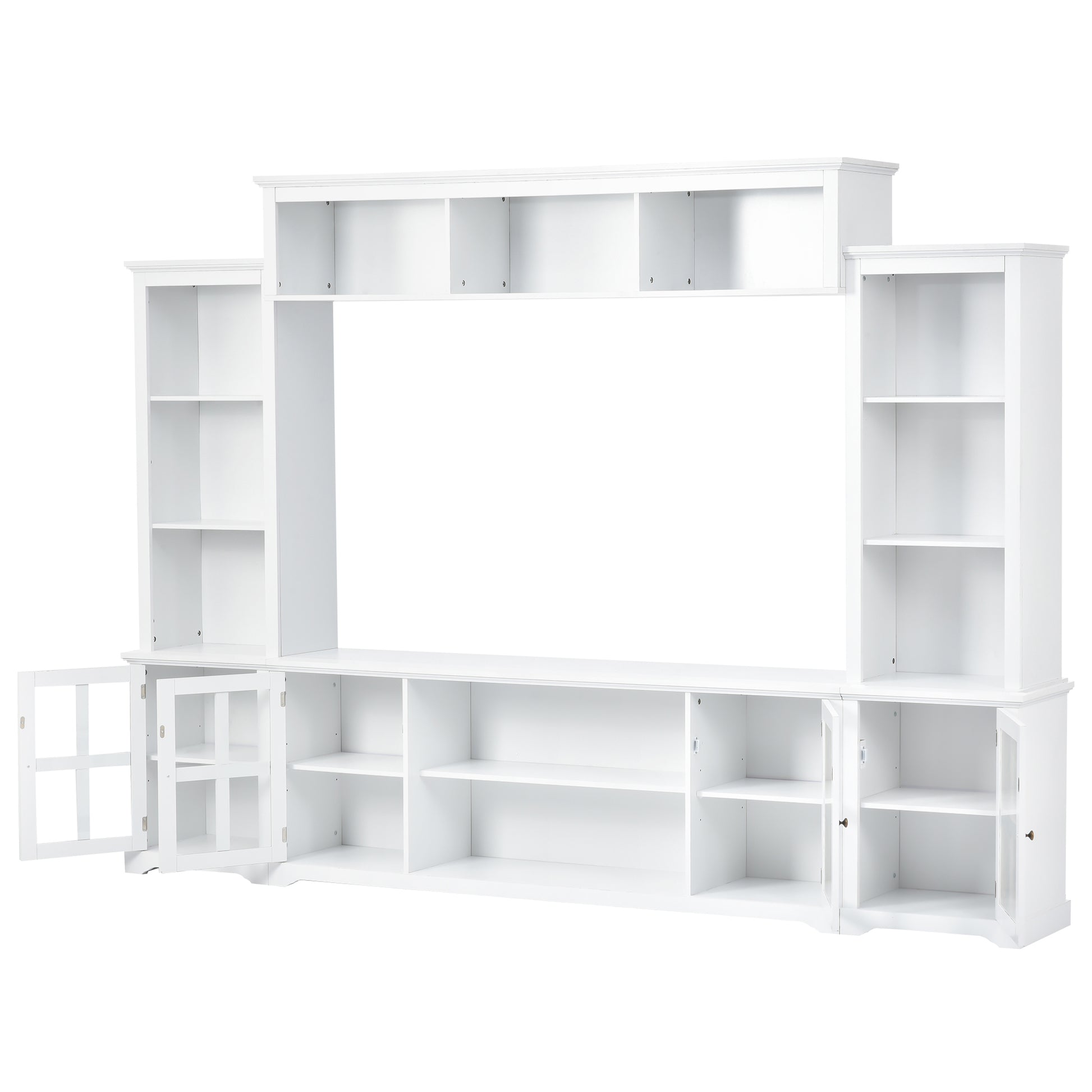 Minimalism Entertainment Wall Unit With Bridge, Modern Tv Console Table For Tvs Up To 70", Multifunctional Tv Stand With Tempered Glass Door, White Old Sku: Sd000009Aak White 70 79 Inches Particle Board