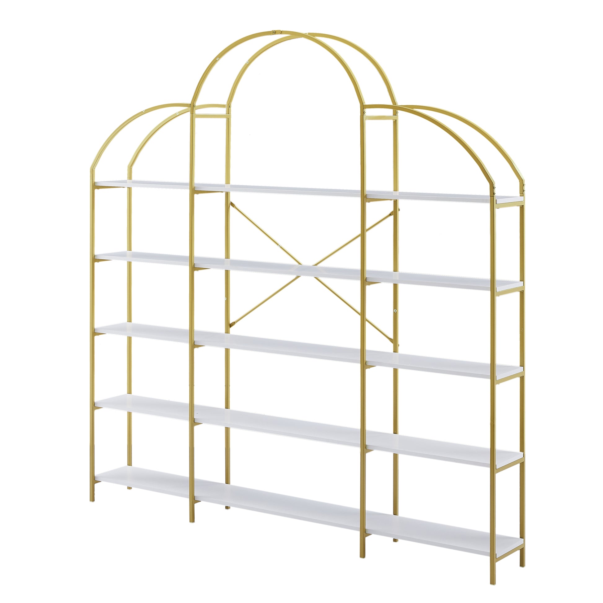 74.8 Inch 5 Tiers Office Bookcase Bookshelf, Display Shelf With Round Top, X Bar Gold Frame Golden White Mdf Steel