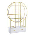 70.8 Inch Round Office Bookcase Bookshelf, Display Shelf, Two Drawers, Gold Frame Golden White Mdf Steel