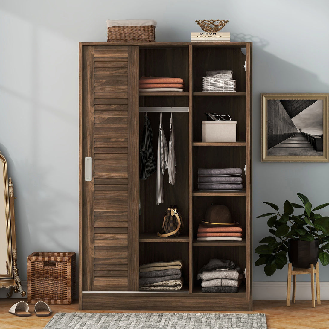 3 Door Shutter Wardrobe With Shelves, Walnut Sliding Walnut Shelf Bedroom Shelf Contemporary 3 Mdf