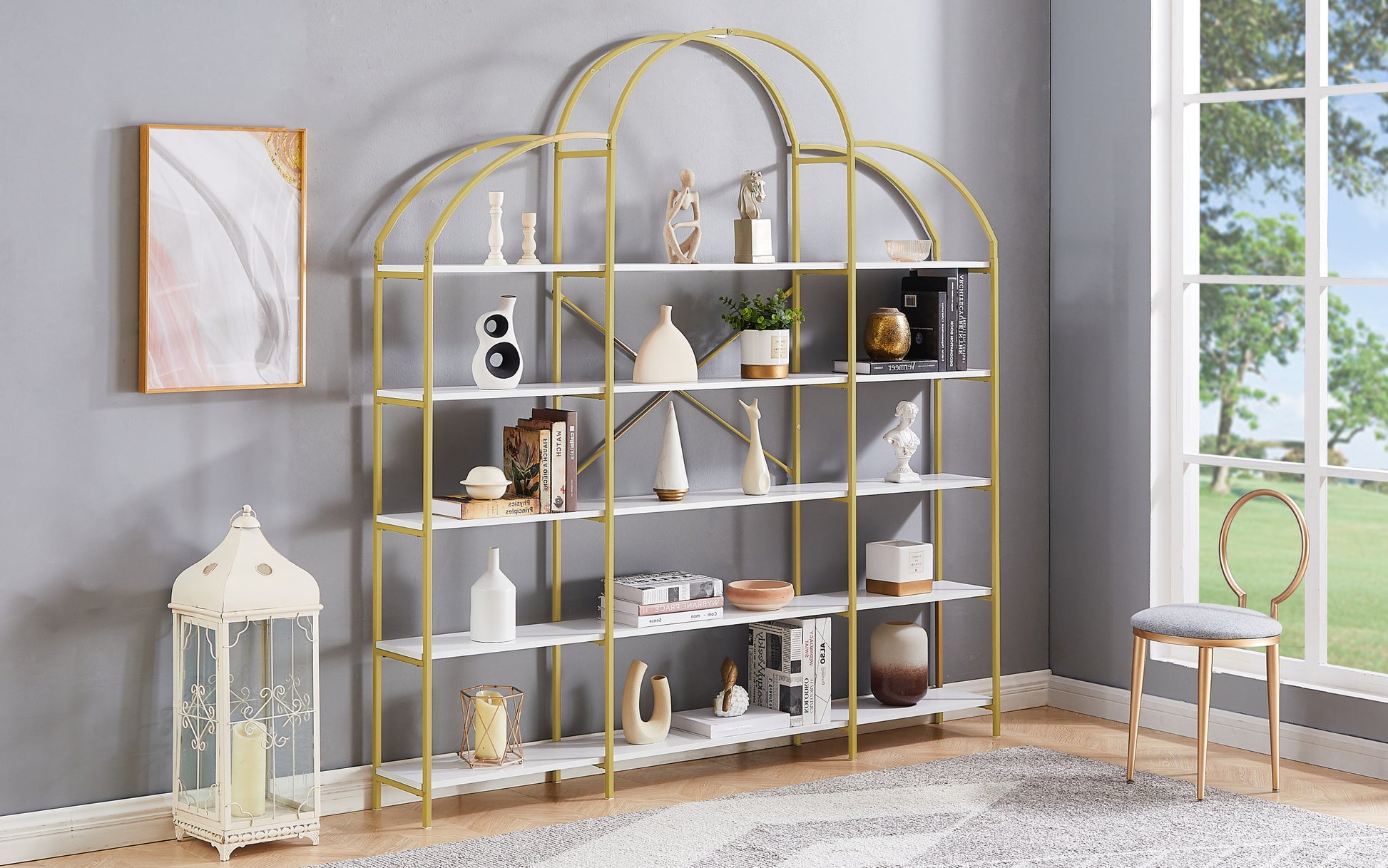 74.8 Inch 5 Tiers Office Bookcase Bookshelf, Display Shelf With Round Top, X Bar Gold Frame Golden White Mdf Steel