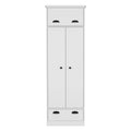 White Dresser Closet With Upper Storage Covered With 1 Door, This Wardrobe Also Has 2 Central Shelves And 1 Tube For Hanging Clothes Covered By 2 Doors, And 1 Drawer At The Bottom. White Particle Board Particle Board