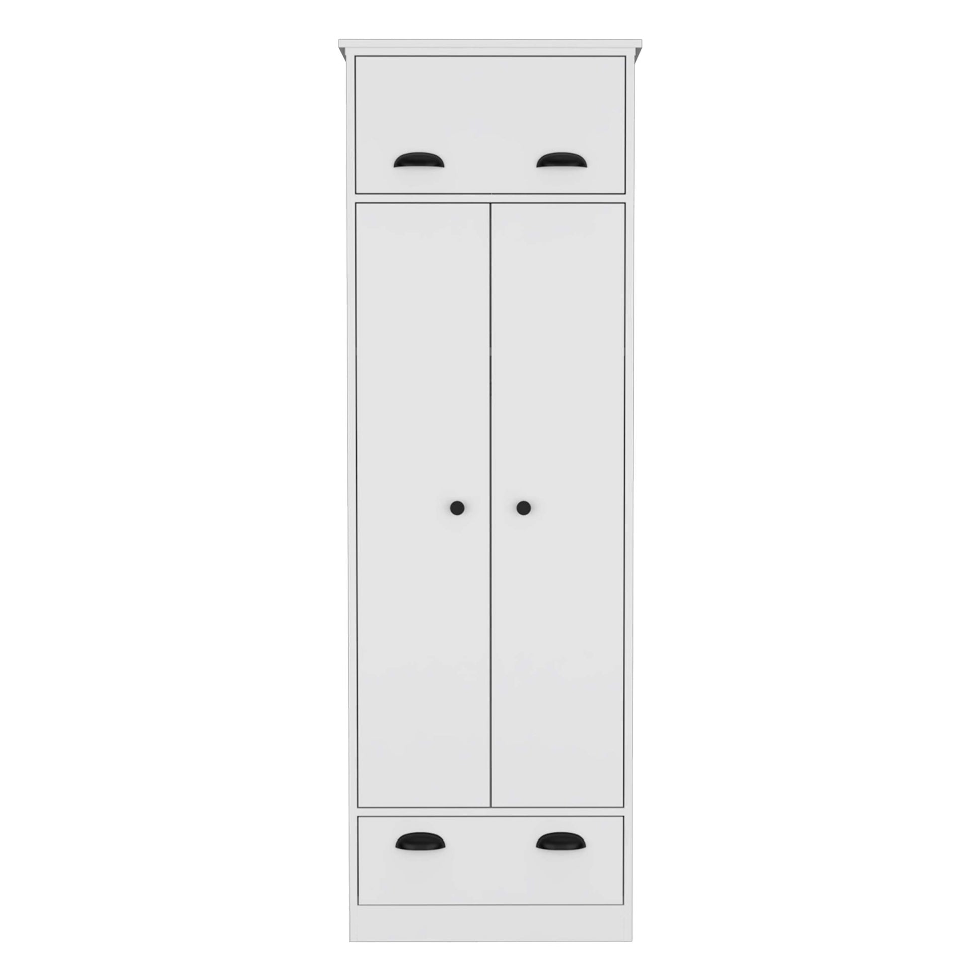 White Dresser Closet With Upper Storage Covered With 1 Door, This Wardrobe Also Has 2 Central Shelves And 1 Tube For Hanging Clothes Covered By 2 Doors, And 1 Drawer At The Bottom. White Particle Board Particle Board