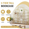 74.8 Inch 5 Tiers Office Bookcase Bookshelf, Display Shelf With Round Top, X Bar Gold Frame Golden White Mdf Steel