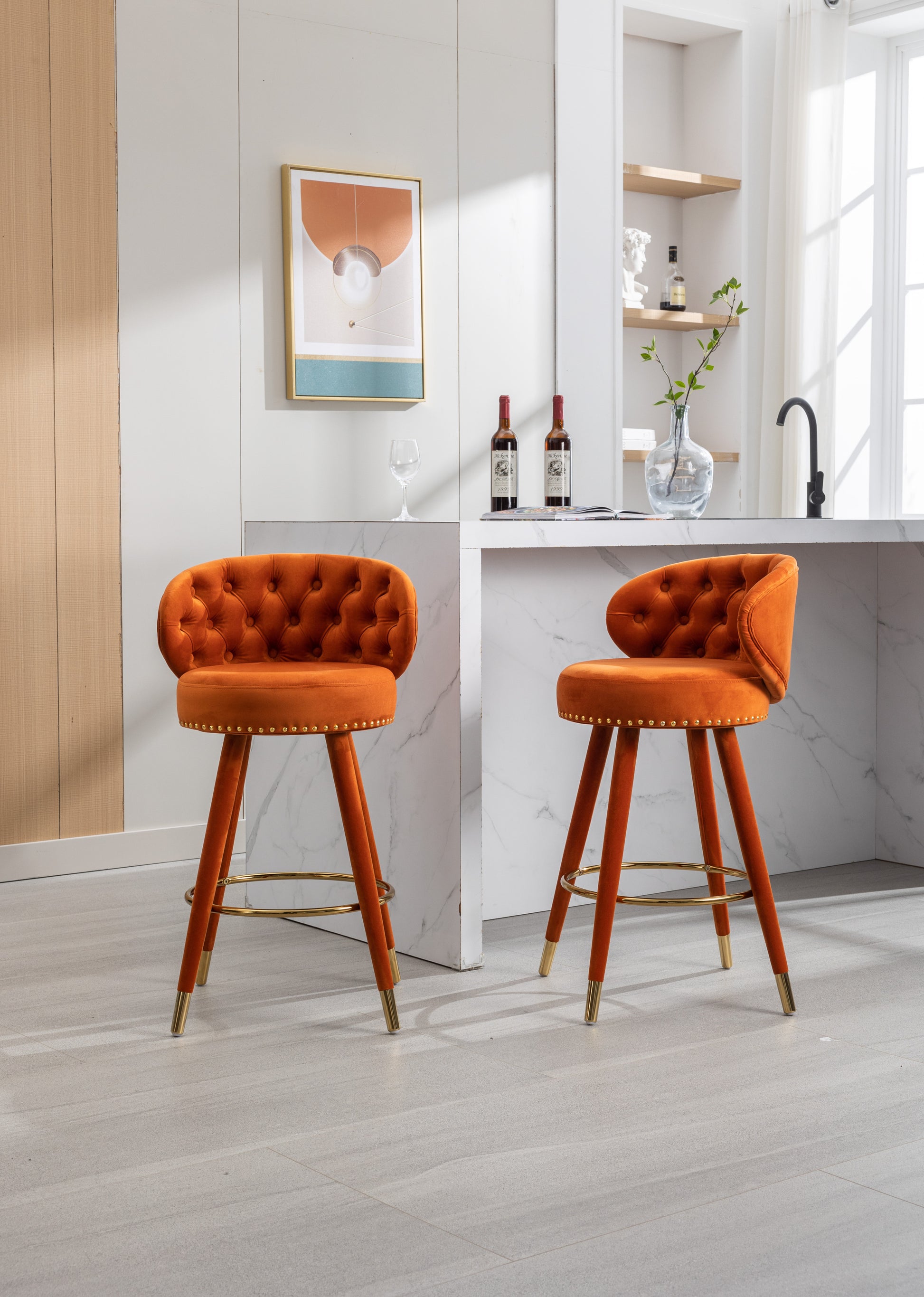 Coolmore Counter Height Bar Stools Set Of 2 For Kitchen Counter Solid Wood Legs With A Fixed Height Of 360 Degrees Orange Velvet