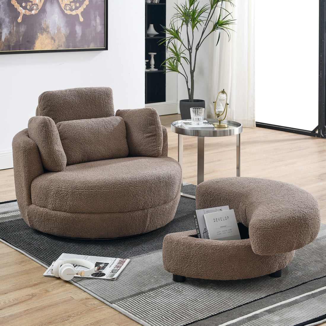 39"W Oversized Swivel Chair With Moon Storage Ottoman For Living Room, Modern Accent Round Loveseat Circle Swivel Barrel Chairs For Bedroom Cuddle Sofa Chair Lounger Armchair, 4 Pillows, Teddy Fabric Coffee Foam Fabric