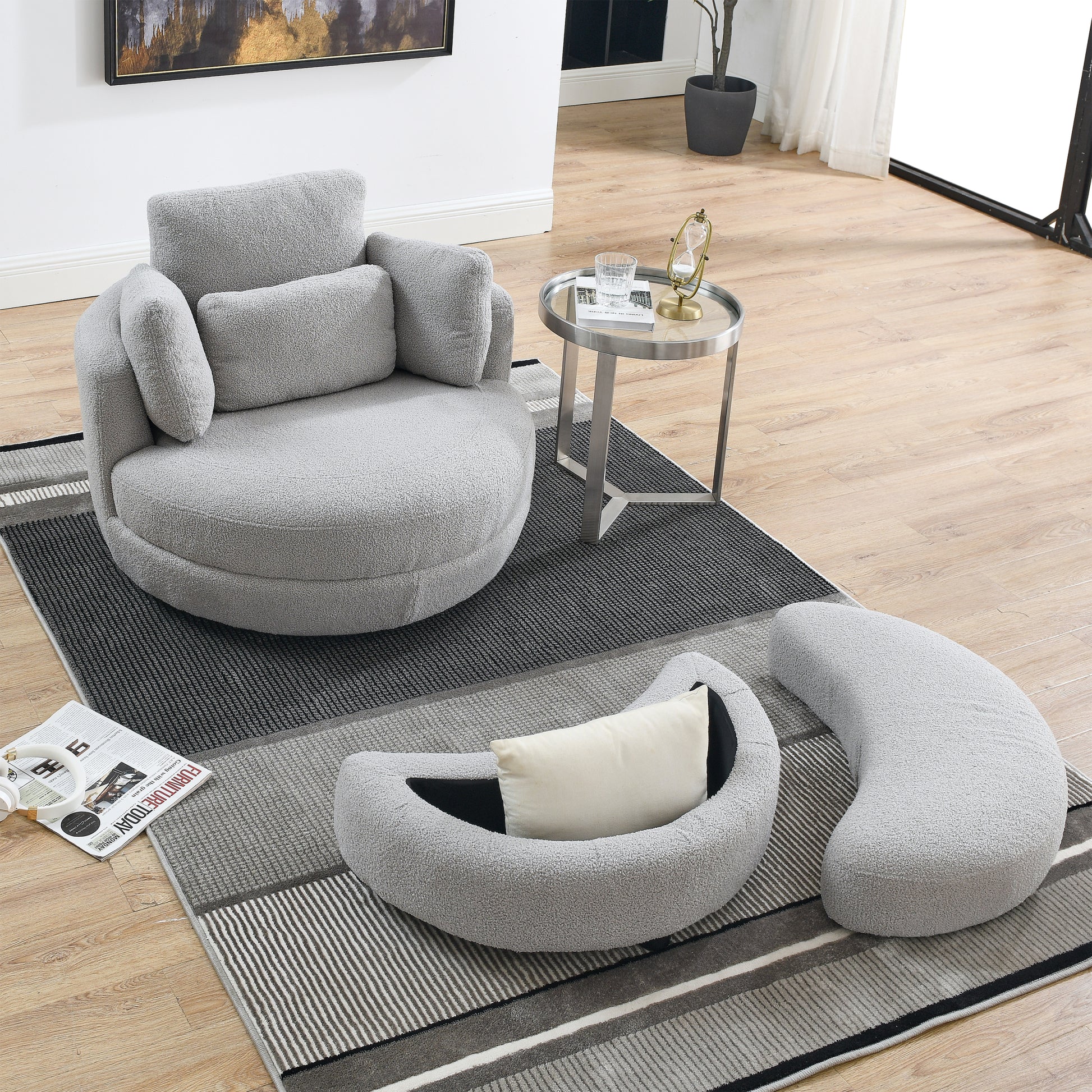 39"W Oversized Swivel Chair With Moon Storage Ottoman For Living Room, Modern Accent Round Loveseat Circle Swivel Barrel Chairs For Bedroom Cuddle Sofa Chair Lounger Armchair, 4 Pillows, Teddy Fabric Grey Teddy Foam Fabric