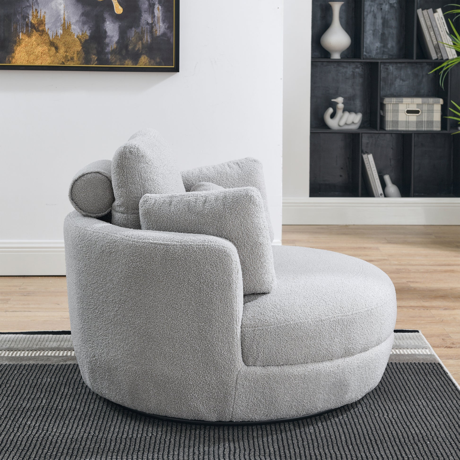 39"W Oversized Swivel Chair With Moon Storage Ottoman For Living Room, Modern Accent Round Loveseat Circle Swivel Barrel Chairs For Bedroom Cuddle Sofa Chair Lounger Armchair, 4 Pillows, Teddy Fabric Grey Teddy Foam Fabric