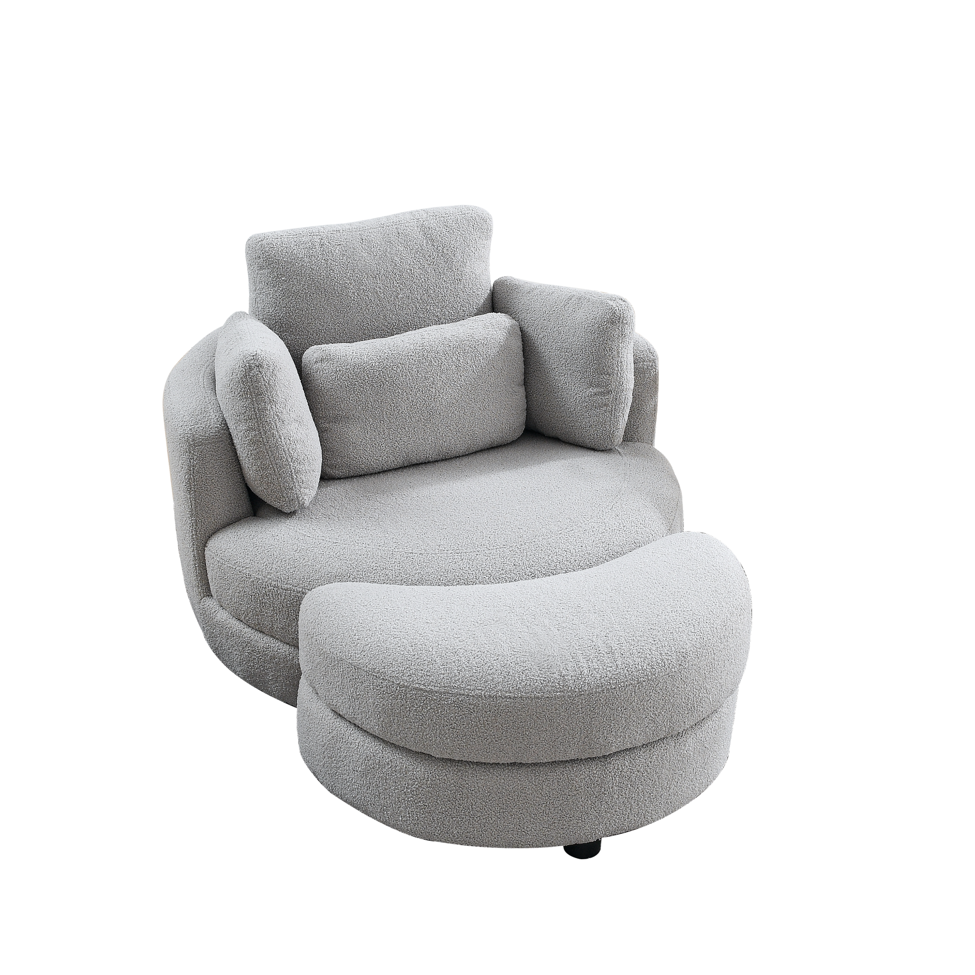 39"W Oversized Swivel Chair With Moon Storage Ottoman For Living Room, Modern Accent Round Loveseat Circle Swivel Barrel Chairs For Bedroom Cuddle Sofa Chair Lounger Armchair, 4 Pillows, Teddy Fabric Grey Teddy Foam Fabric
