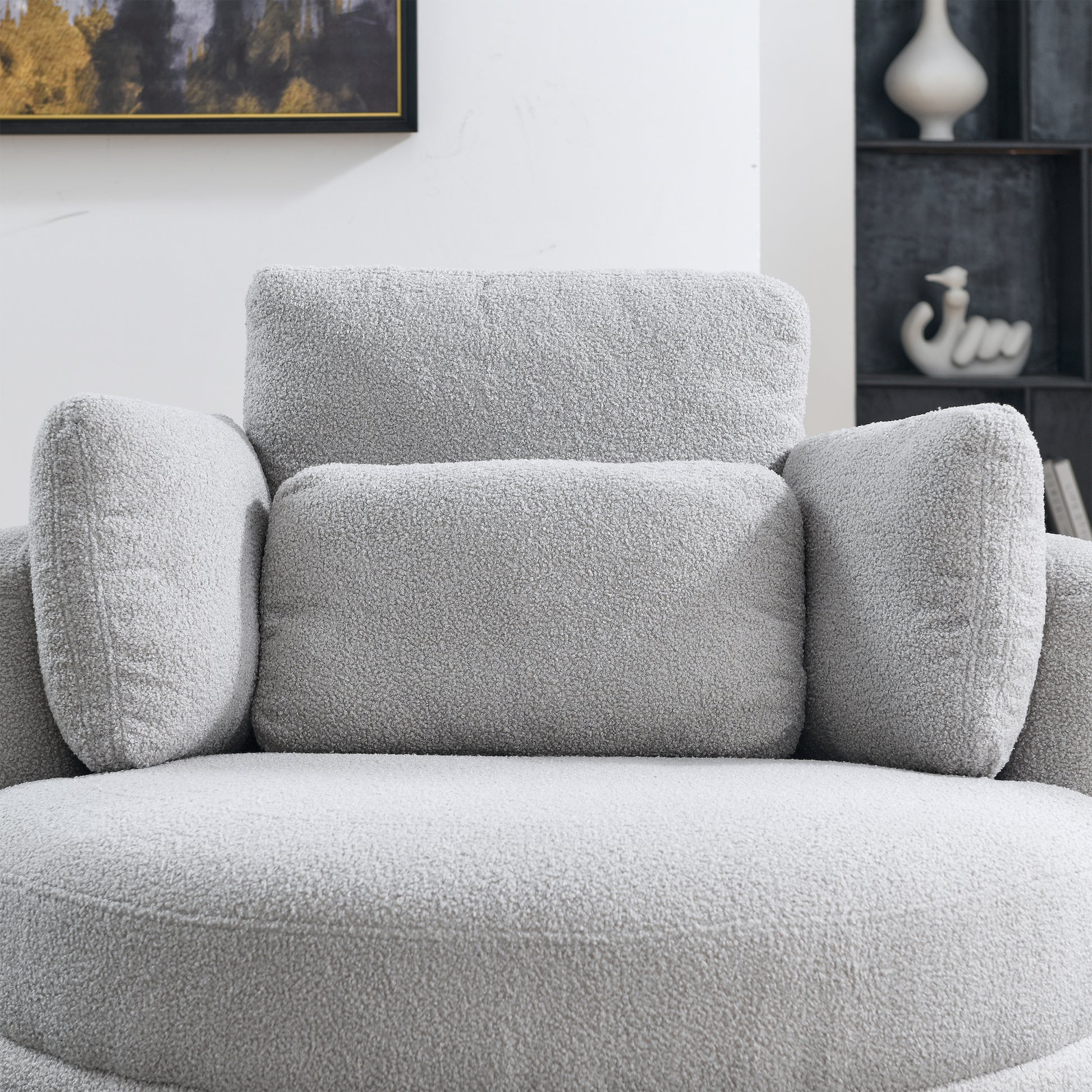 39"W Oversized Swivel Chair With Moon Storage Ottoman For Living Room, Modern Accent Round Loveseat Circle Swivel Barrel Chairs For Bedroom Cuddle Sofa Chair Lounger Armchair, 4 Pillows, Teddy Fabric Grey Teddy Foam Fabric
