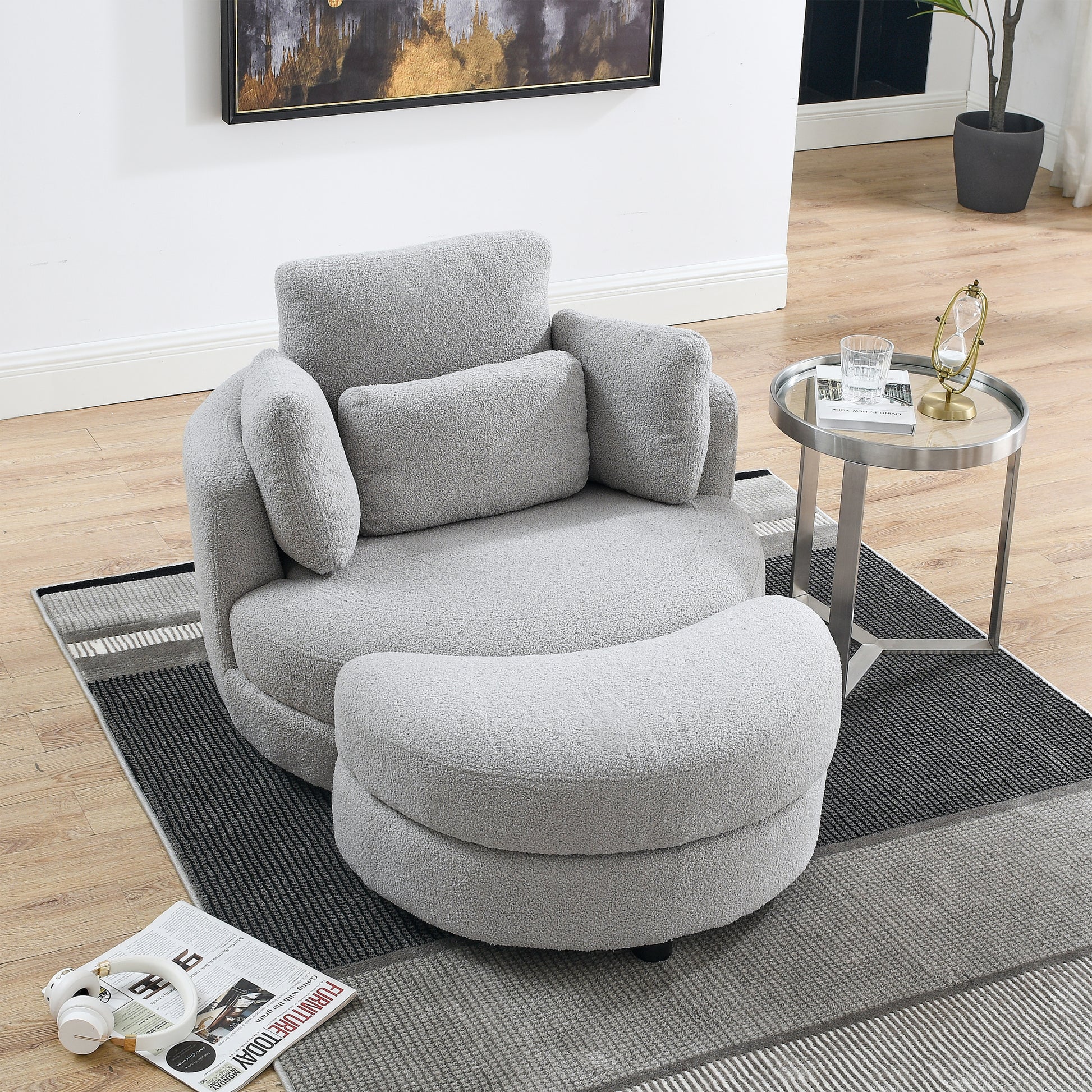 39"W Oversized Swivel Chair With Moon Storage Ottoman For Living Room, Modern Accent Round Loveseat Circle Swivel Barrel Chairs For Bedroom Cuddle Sofa Chair Lounger Armchair, 4 Pillows, Teddy Fabric Grey Teddy Foam Fabric