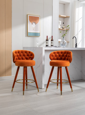 Coolmore Counter Height Bar Stools Set Of 2 For Kitchen Counter Solid Wood Legs With A Fixed Height Of 360 Degrees Orange Velvet