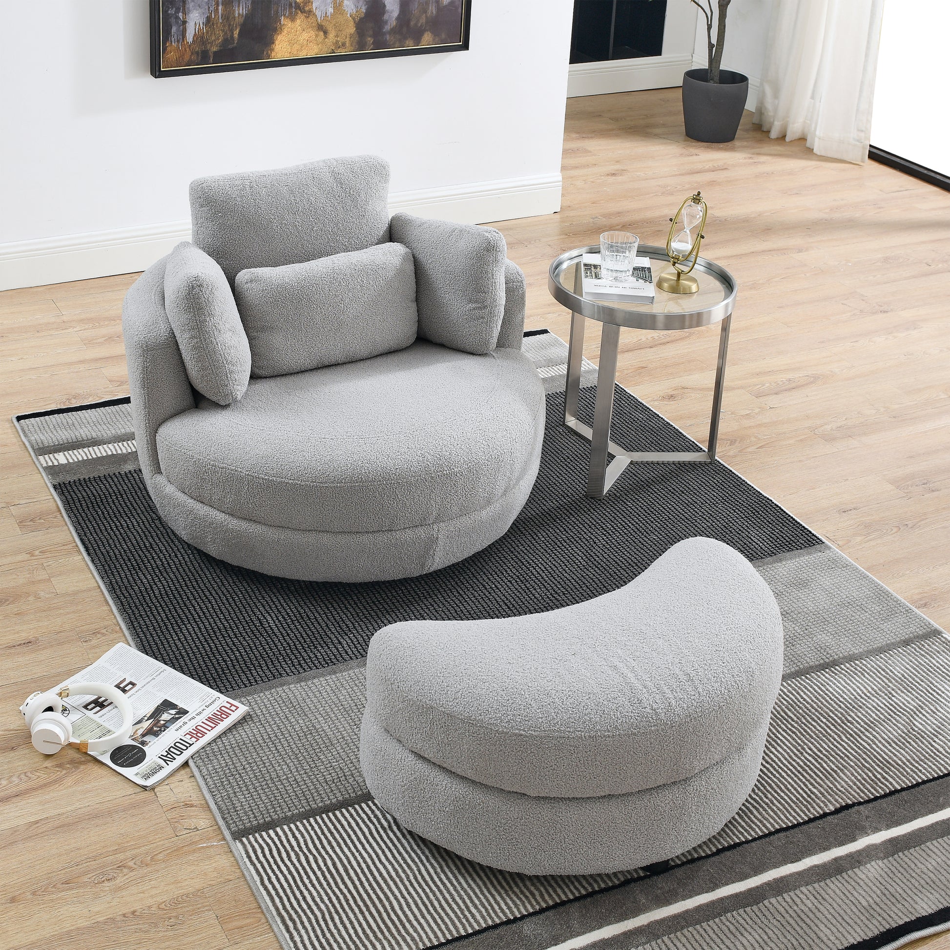 39"W Oversized Swivel Chair With Moon Storage Ottoman For Living Room, Modern Accent Round Loveseat Circle Swivel Barrel Chairs For Bedroom Cuddle Sofa Chair Lounger Armchair, 4 Pillows, Teddy Fabric Grey Teddy Foam Fabric