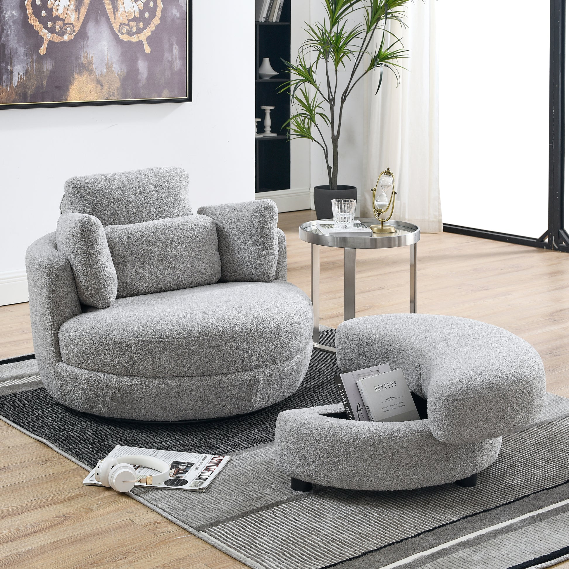 39"W Oversized Swivel Chair With Moon Storage Ottoman For Living Room, Modern Accent Round Loveseat Circle Swivel Barrel Chairs For Bedroom Cuddle Sofa Chair Lounger Armchair, 4 Pillows, Teddy Fabric Grey Teddy Foam Fabric