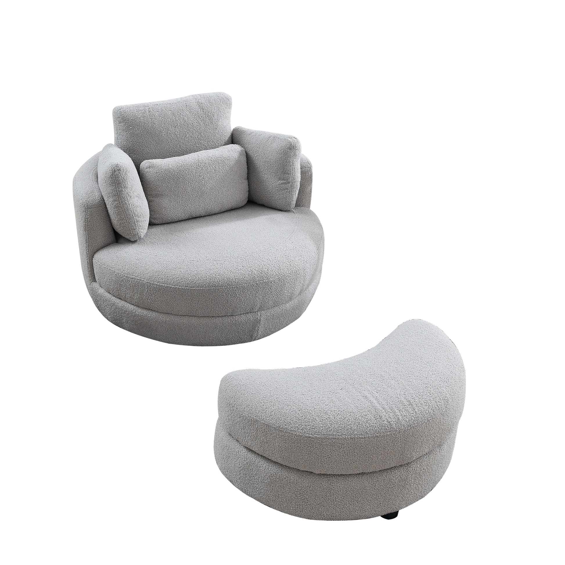 39"W Oversized Swivel Chair With Moon Storage Ottoman For Living Room, Modern Accent Round Loveseat Circle Swivel Barrel Chairs For Bedroom Cuddle Sofa Chair Lounger Armchair, 4 Pillows, Teddy Fabric Grey Teddy Foam Fabric