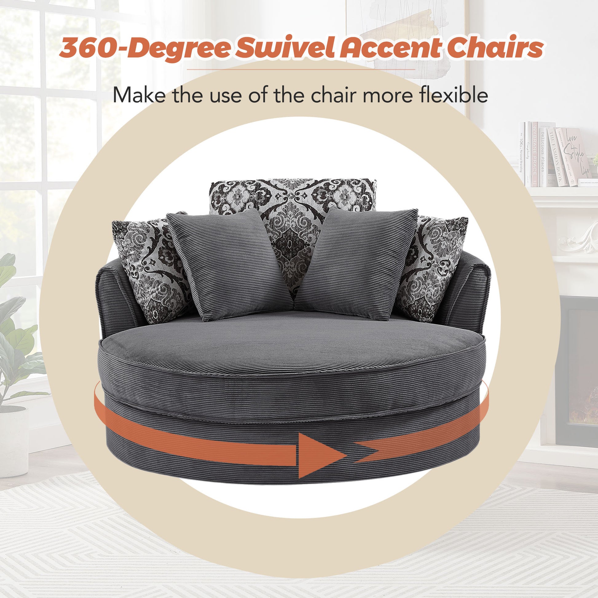 Swivel Accent Barrel Chair With 5 Movable Pillow 360 Degree Swivel Round Sofa Chair For Living Room,Bedroom, Hotel, Grey Grey Foam Corduroy
