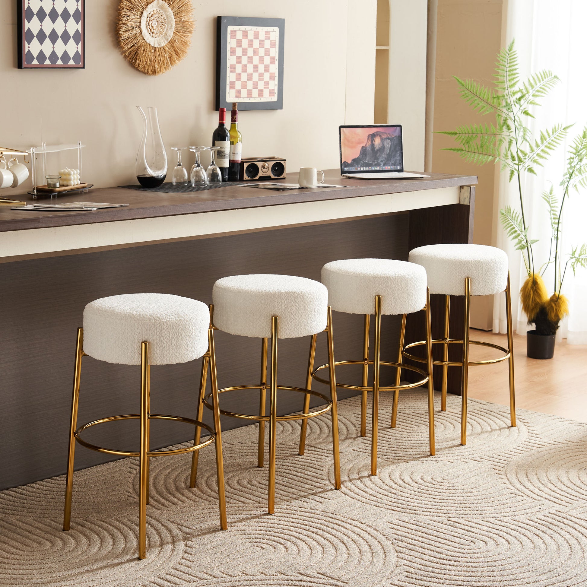 30" Tall, Round High Bar Stools, Set Of 2 Contemporary Upholstered Dining Stools For Kitchens, Coffee Shops And Bar Stores Includes Sturdy Hardware Support Legs Beige Foam