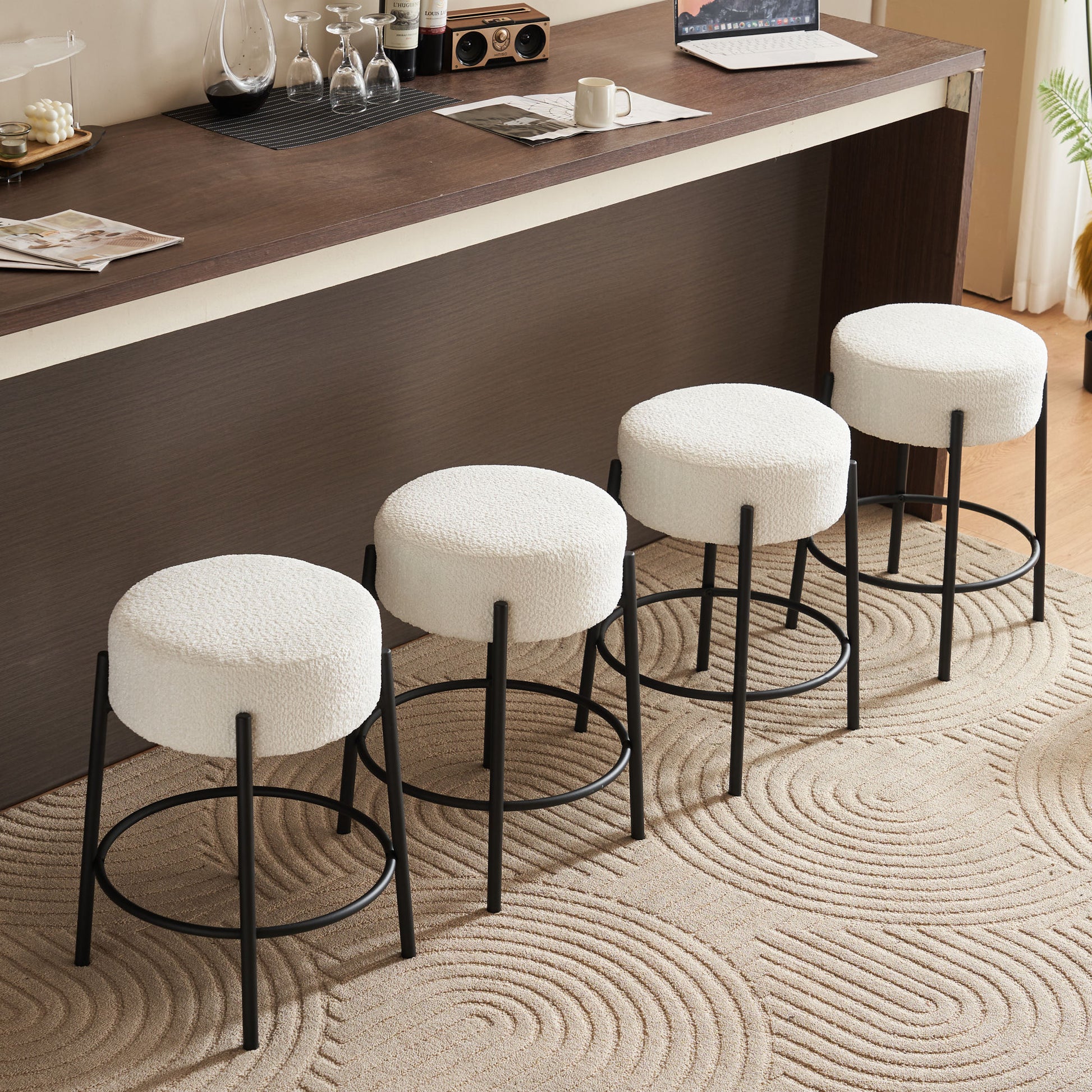 24" Tall, Round Bar Stools, Set Of 2 Contemporary Upholstered Dining Stools For Kitchens, Coffee Shops And Bar Stores Includes Sturdy Hardware Support Legs Beige Foam