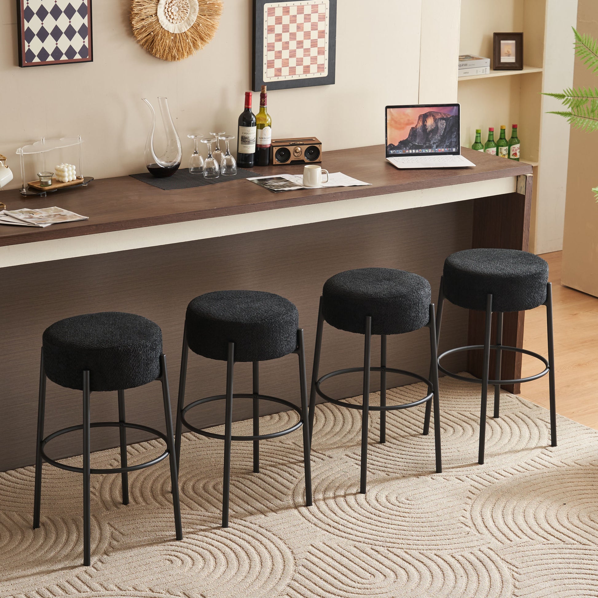 30" Tall, Round High Bar Stools, Set Of 2 Contemporary Upholstered Dining Stools For Kitchens, Coffee Shops And Bar Stores Includes Sturdy Hardware Support Legs Black Foam
