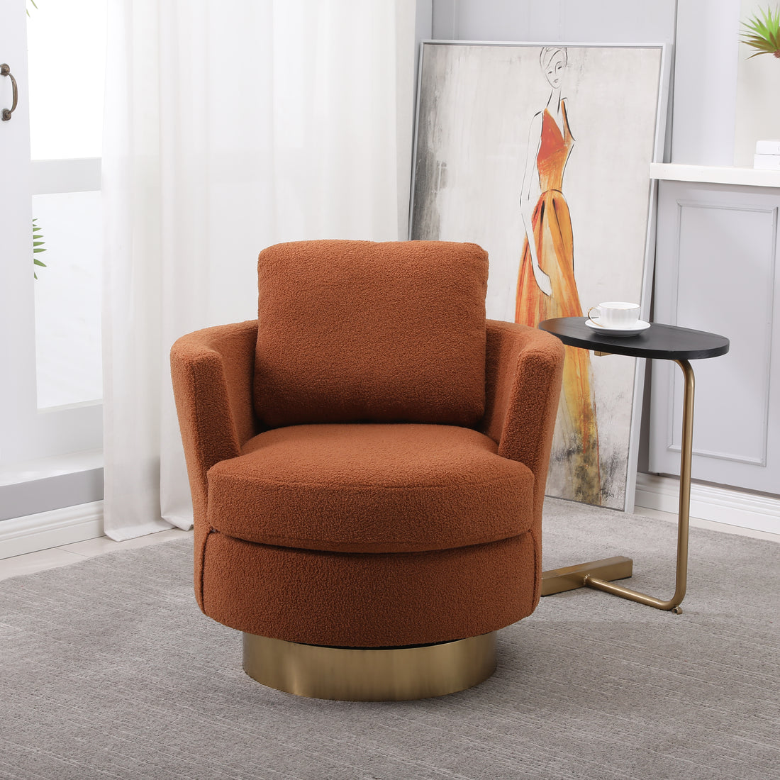 Teddy Swivel Barrel Chair, Swivel Accent Chairs Armchair For Living Room, Reading Chairs For Bedroom Comfy, Round Barrel Chairs With Gold Stainless Steel Base Brown Brown Primary Living Space American Design Foam Faux Fur